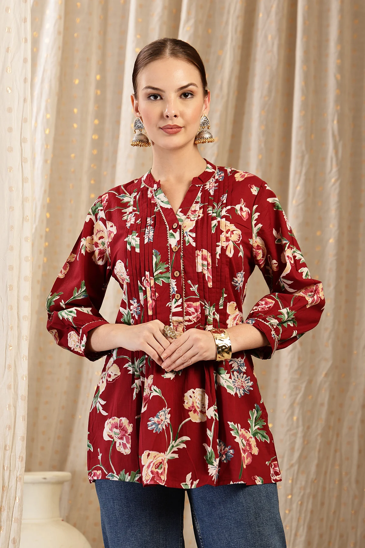 All Over Printed Zipless Feeding Pleated Top - Maroon - Image 5