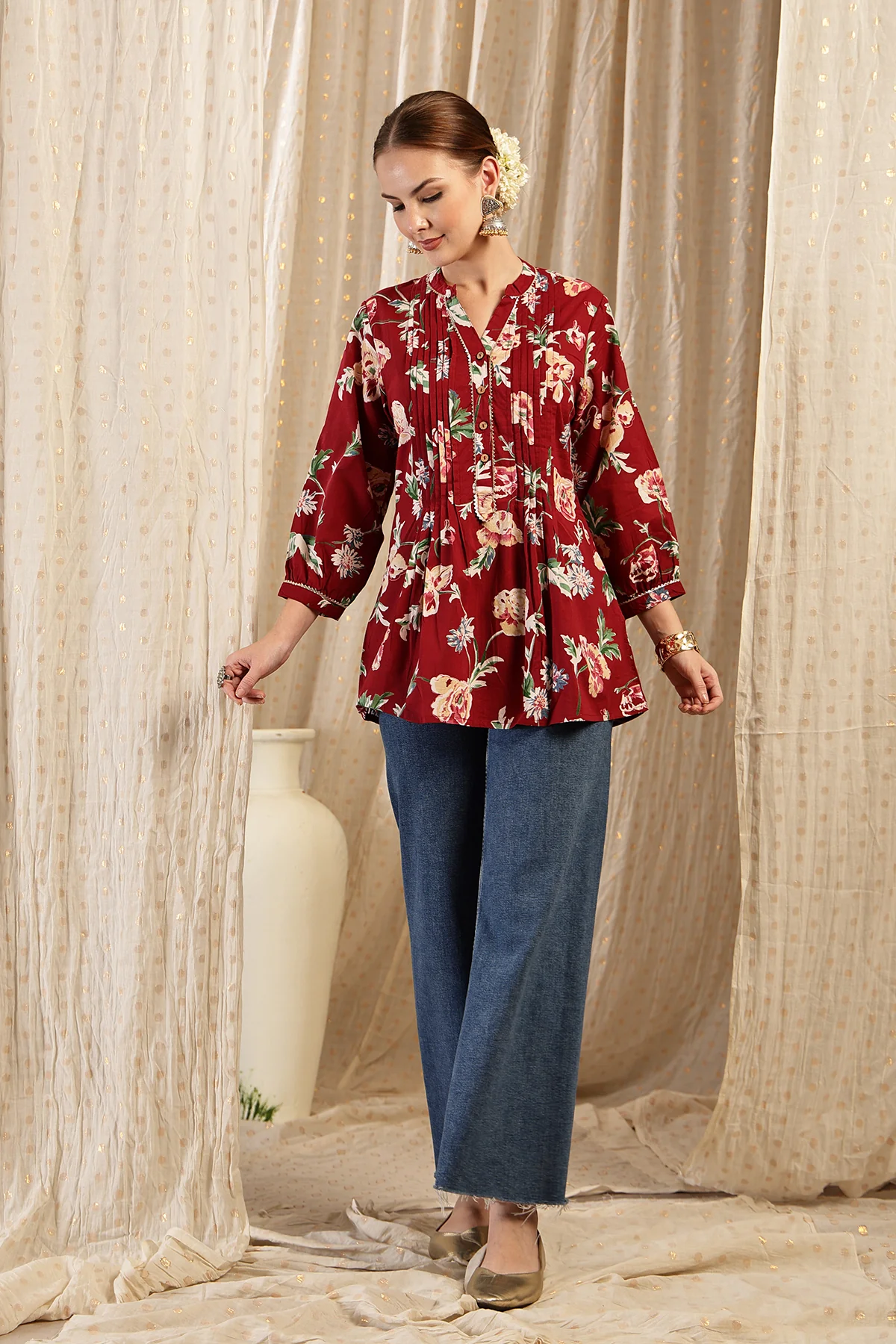 All Over Printed Zipless Feeding Pleated Top - Maroon - Image 6