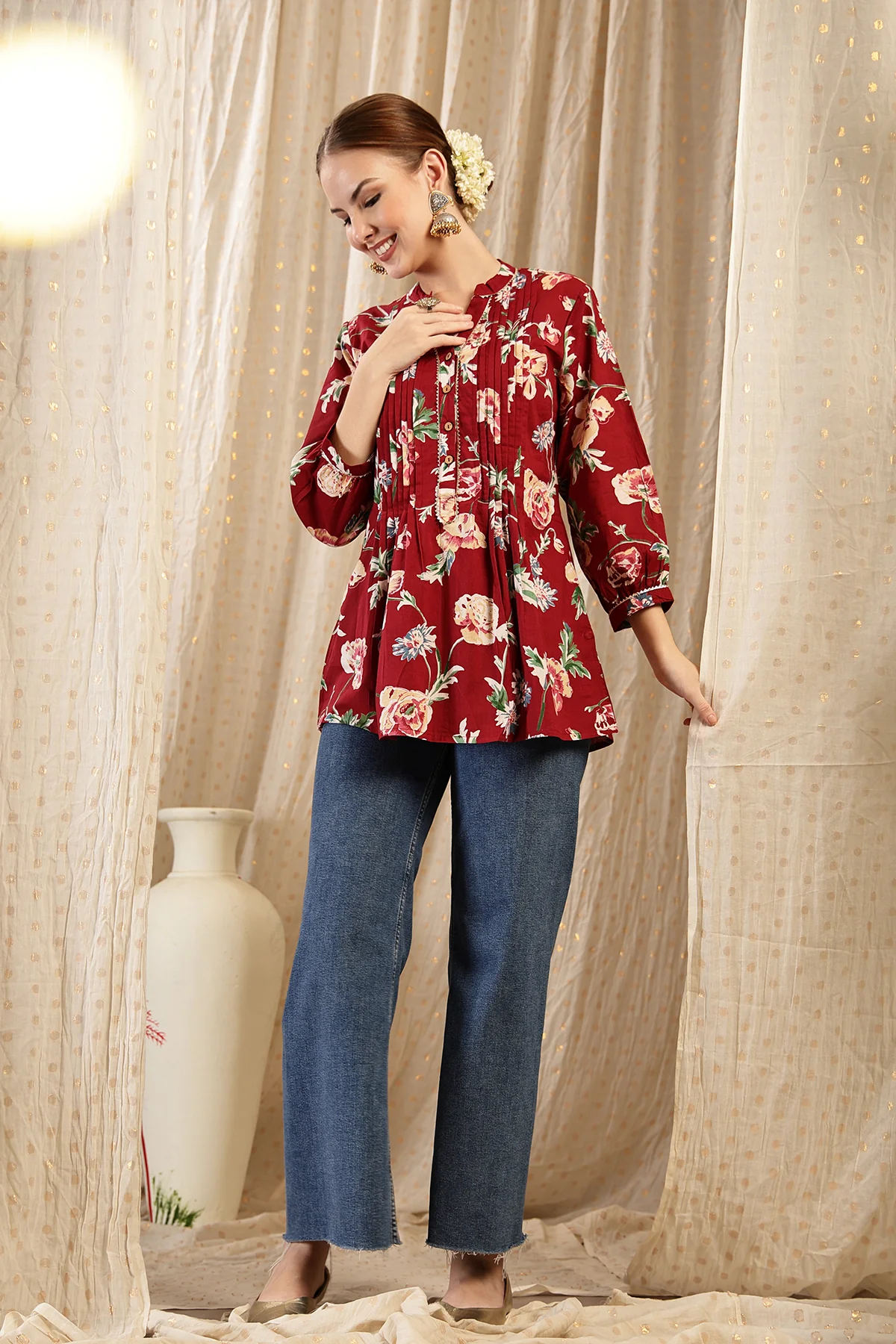 All Over Printed Zipless Feeding Pleated Top - Maroon - Image 9
