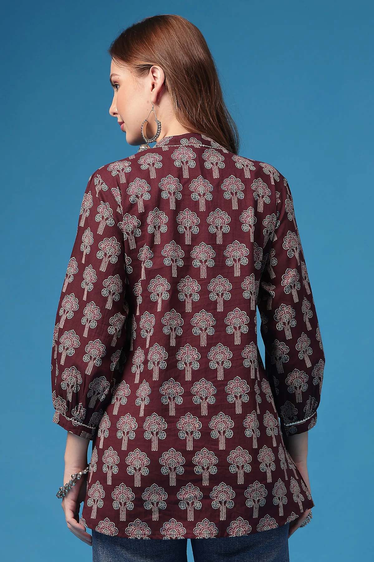 All Over Printed Zipless Feeding Pleated Top - Plum - Image 3