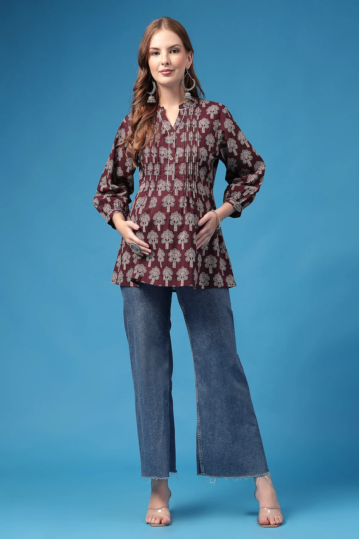 All Over Printed Zipless Feeding Pleated Top - Plum - Image 4