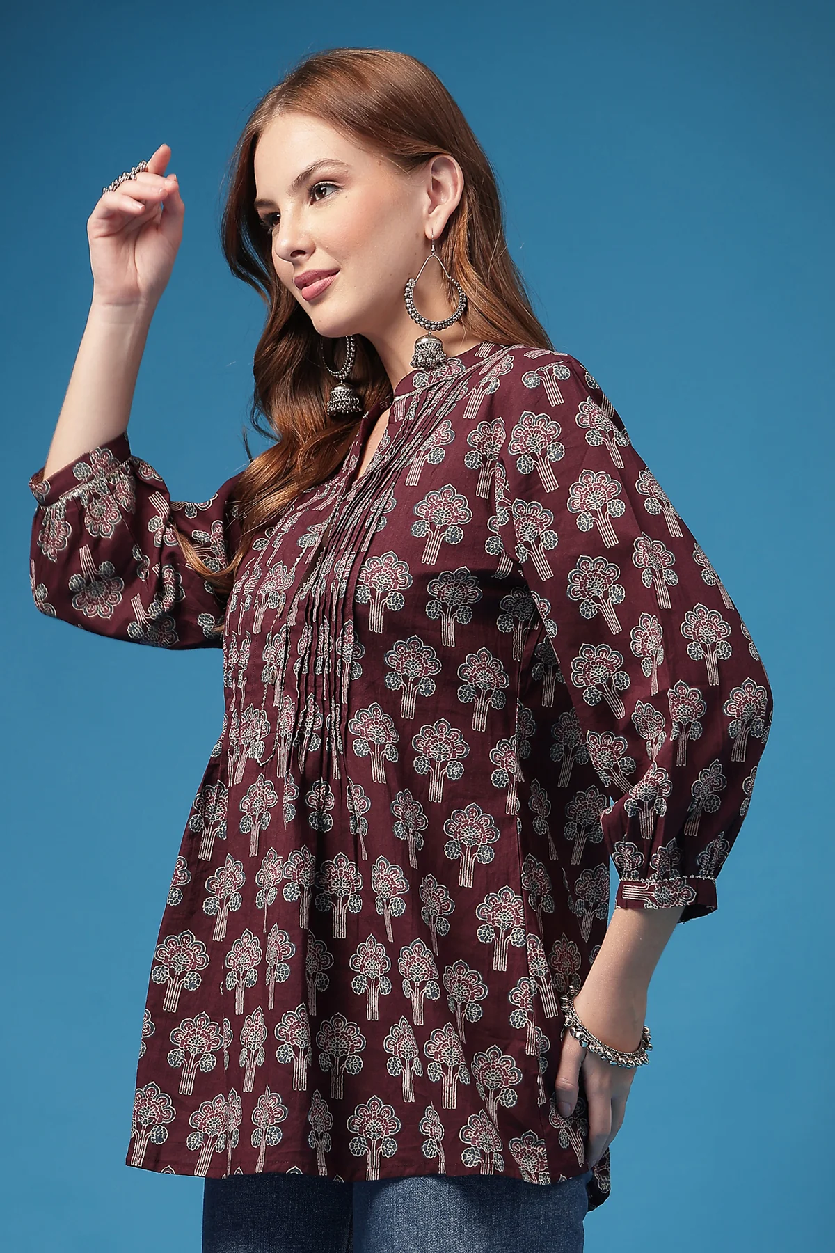 All Over Printed Zipless Feeding Pleated Top - Plum - Image 5