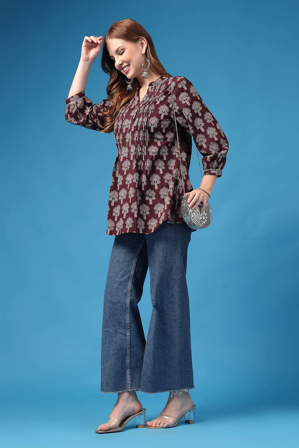 All Over Printed Zipless Feeding Pleated Top - Plum - Image 8