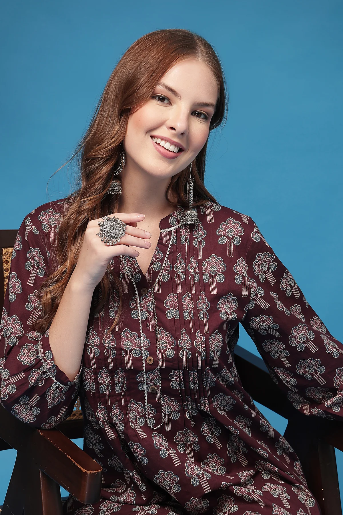 All Over Printed Zipless Feeding Pleated Top - Plum - Image 9
