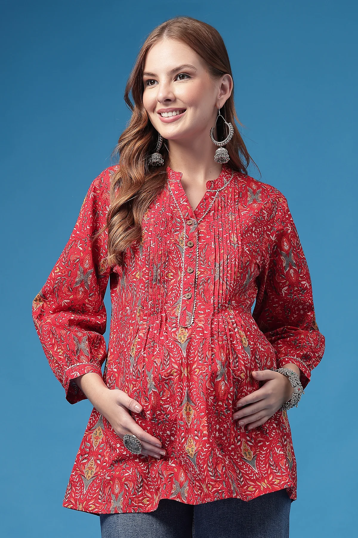 All Over Printed Zipless Feeding Pleated Top - Red - Image 4