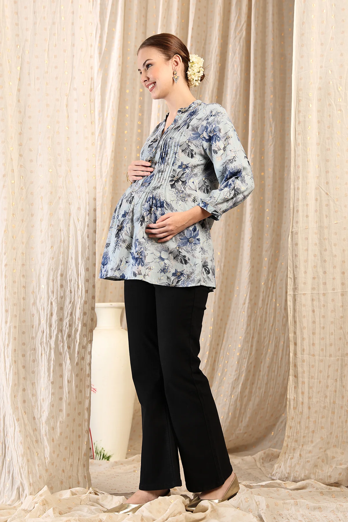 All Over Printed Zipless Feeding Pleated Top - Sky Blue - Image 10