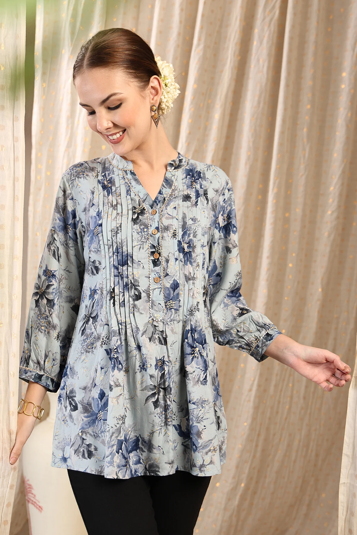 All Over Printed Zipless Feeding Pleated Top - Sky Blue - Image 12