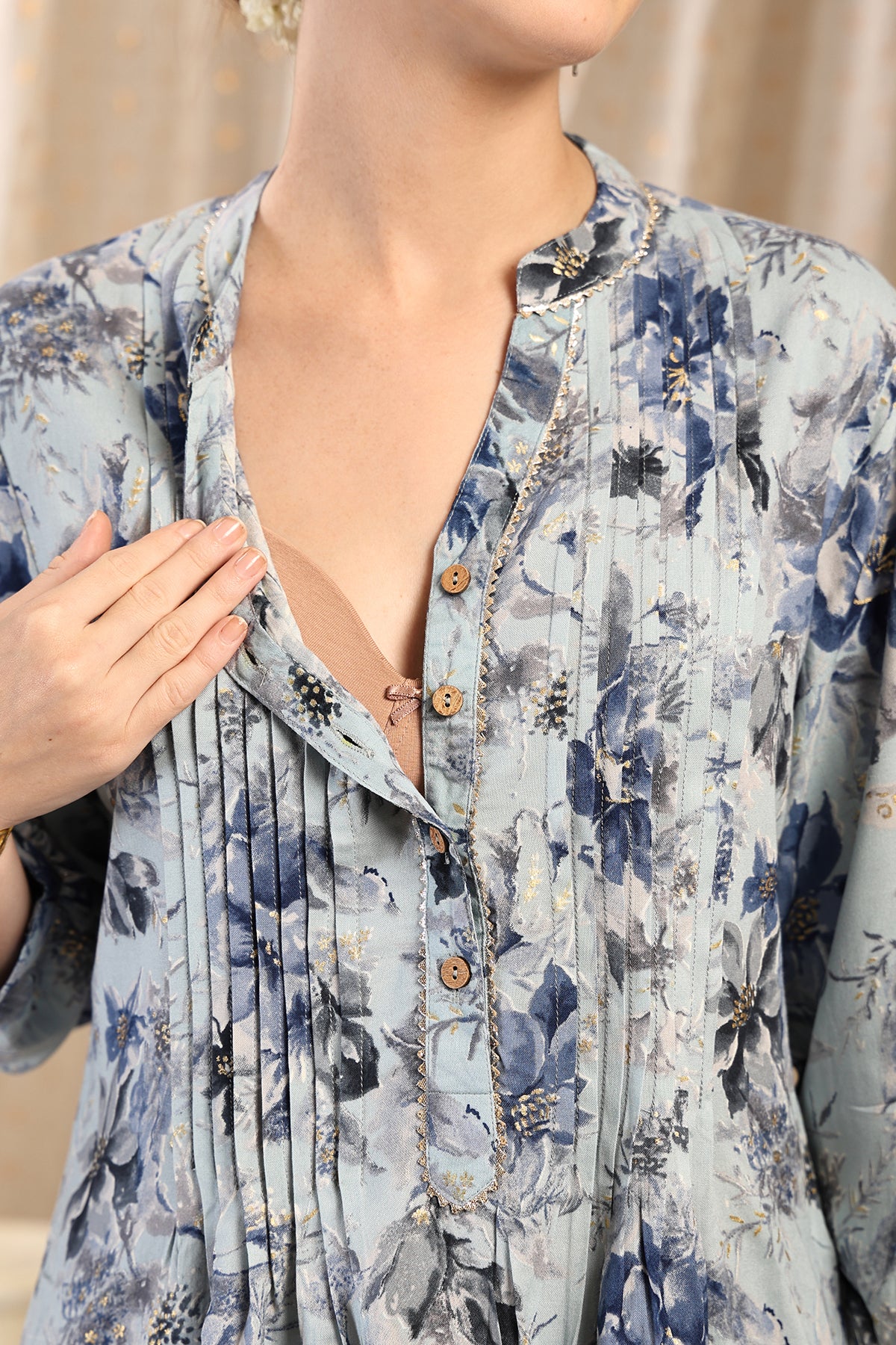 All Over Printed Zipless Feeding Pleated Top - Sky Blue - Image 2