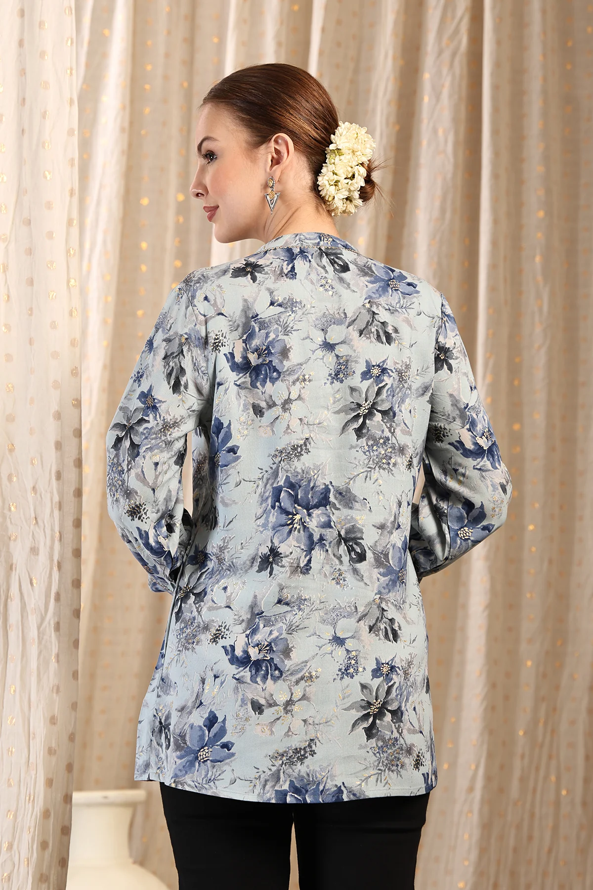 All Over Printed Zipless Feeding Pleated Top - Sky Blue - Image 3