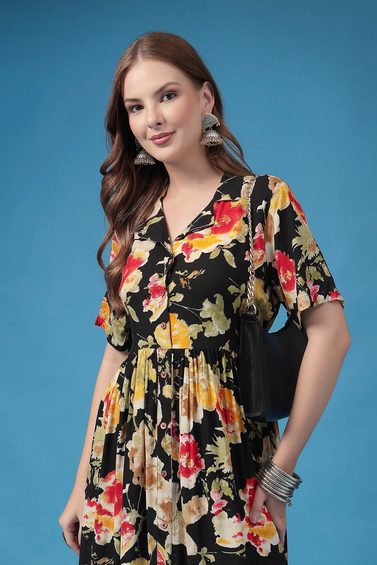 All Over Printed Zipless Feeding Shirt Dress - Black - Image 10
