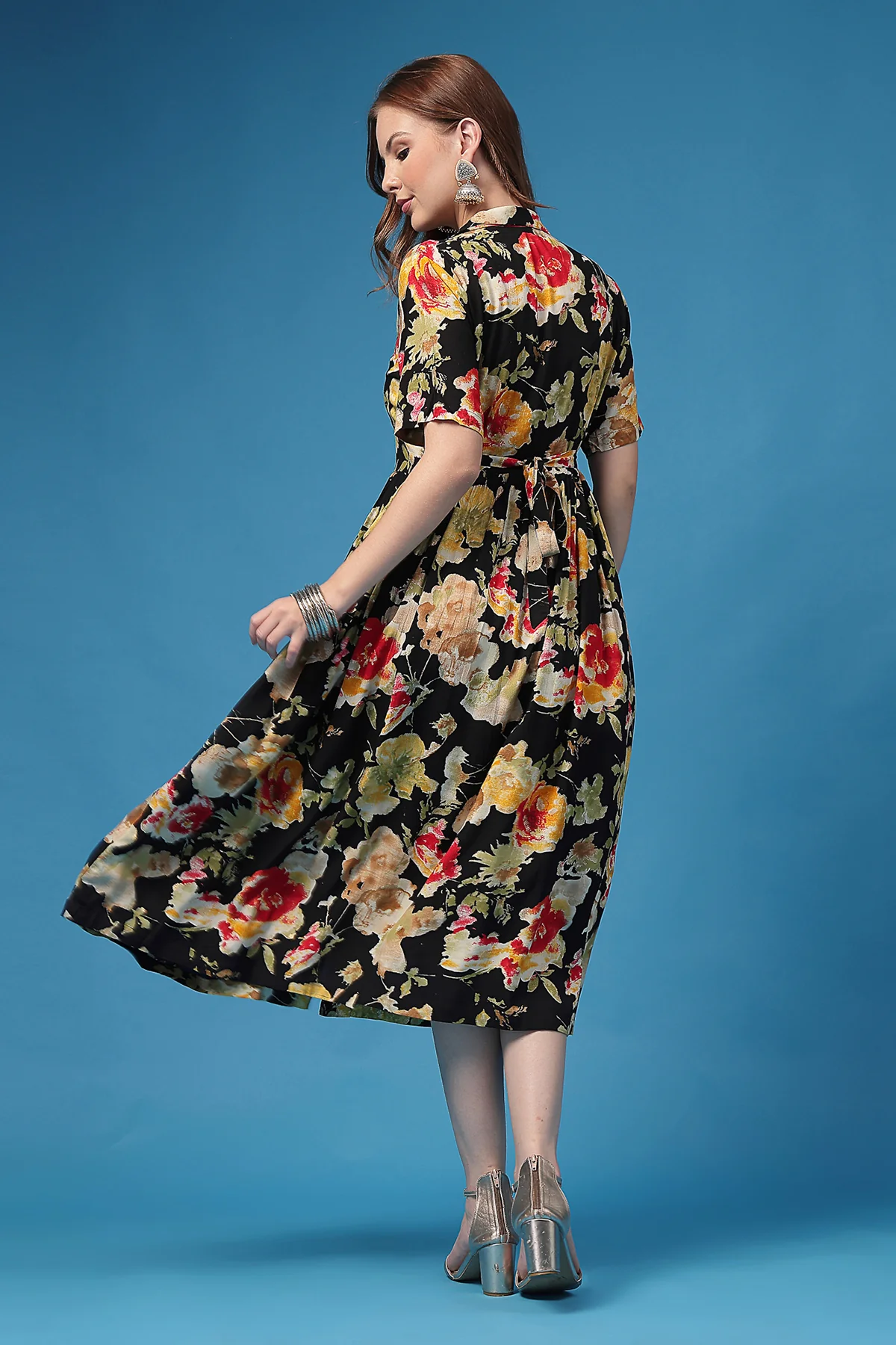 All Over Printed Zipless Feeding Shirt Dress - Black - Image 3