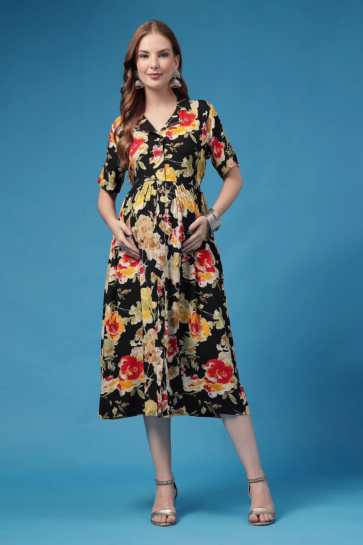 All Over Printed Zipless Feeding Shirt Dress - Black - Image 4