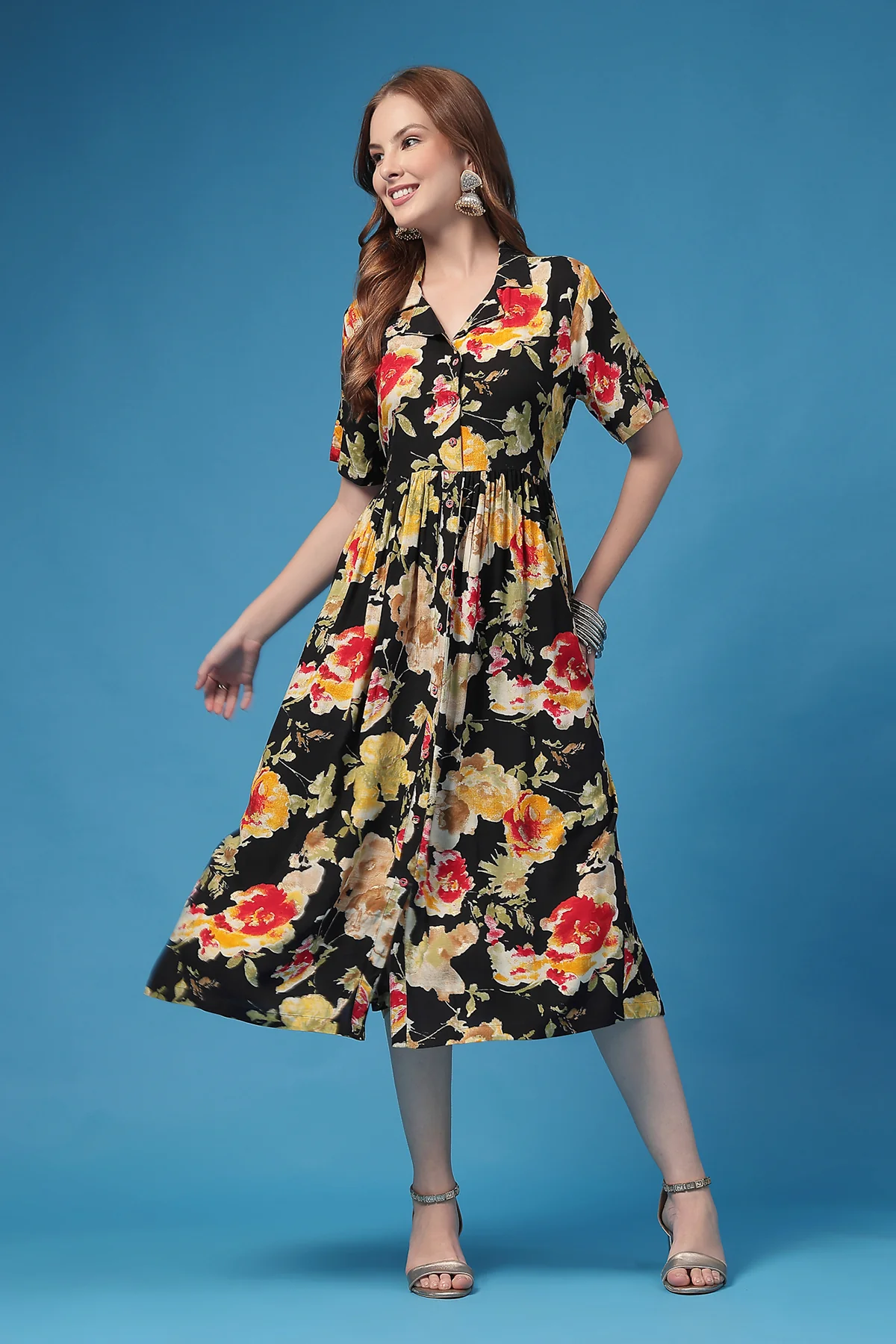 All Over Printed Zipless Feeding Shirt Dress - Black - Image 5