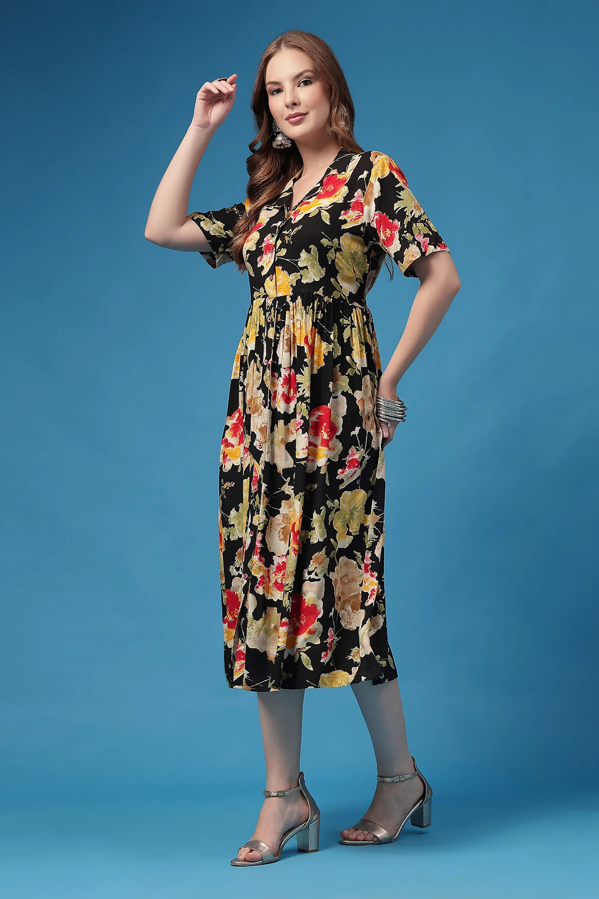 All Over Printed Zipless Feeding Shirt Dress - Black - Image 6
