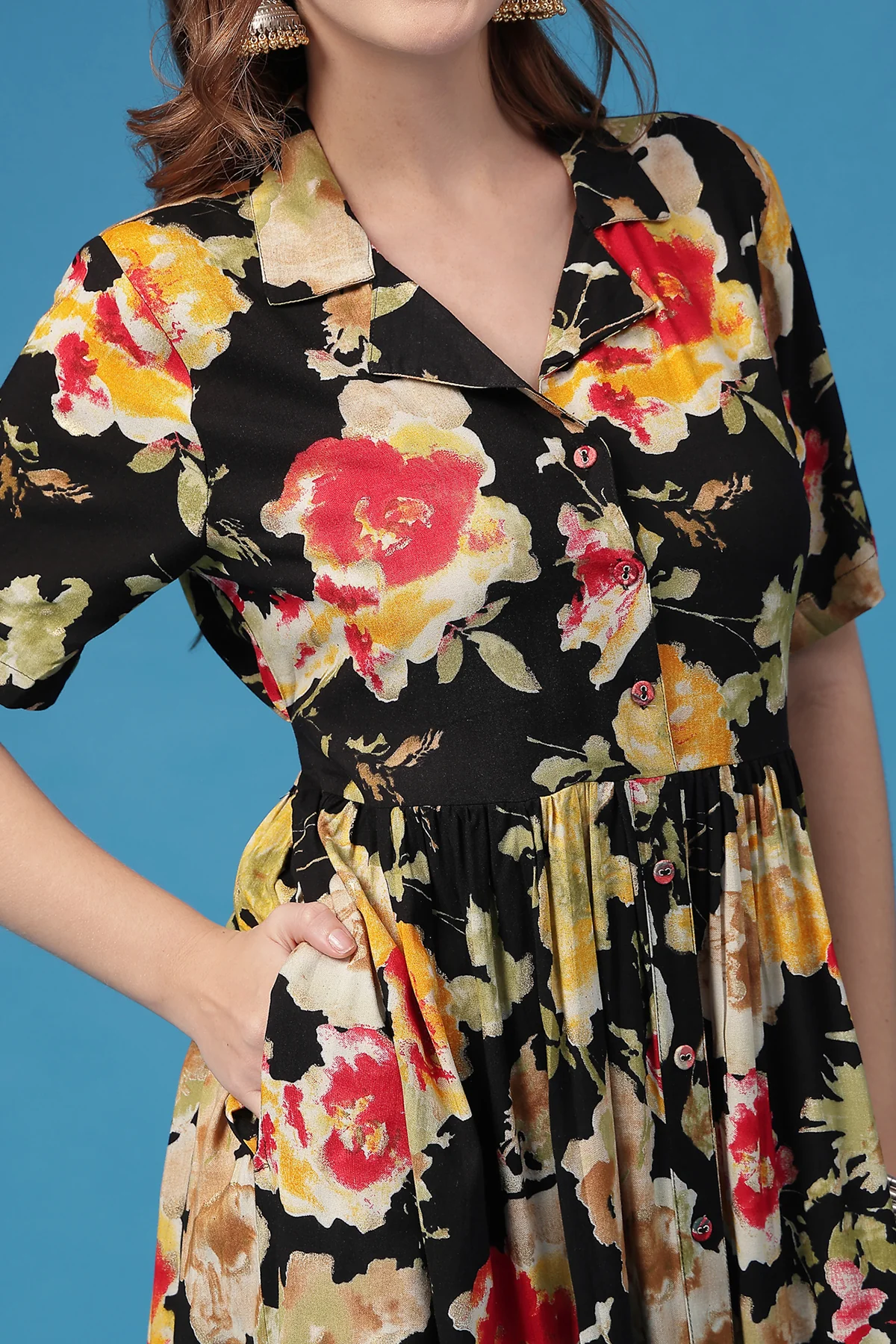 All Over Printed Zipless Feeding Shirt Dress - Black - Image 7