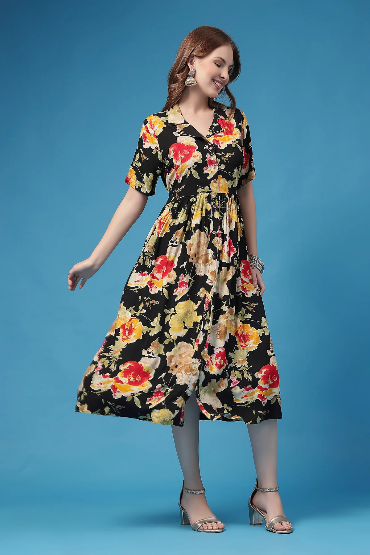 All Over Printed Zipless Feeding Shirt Dress - Black - Image 8