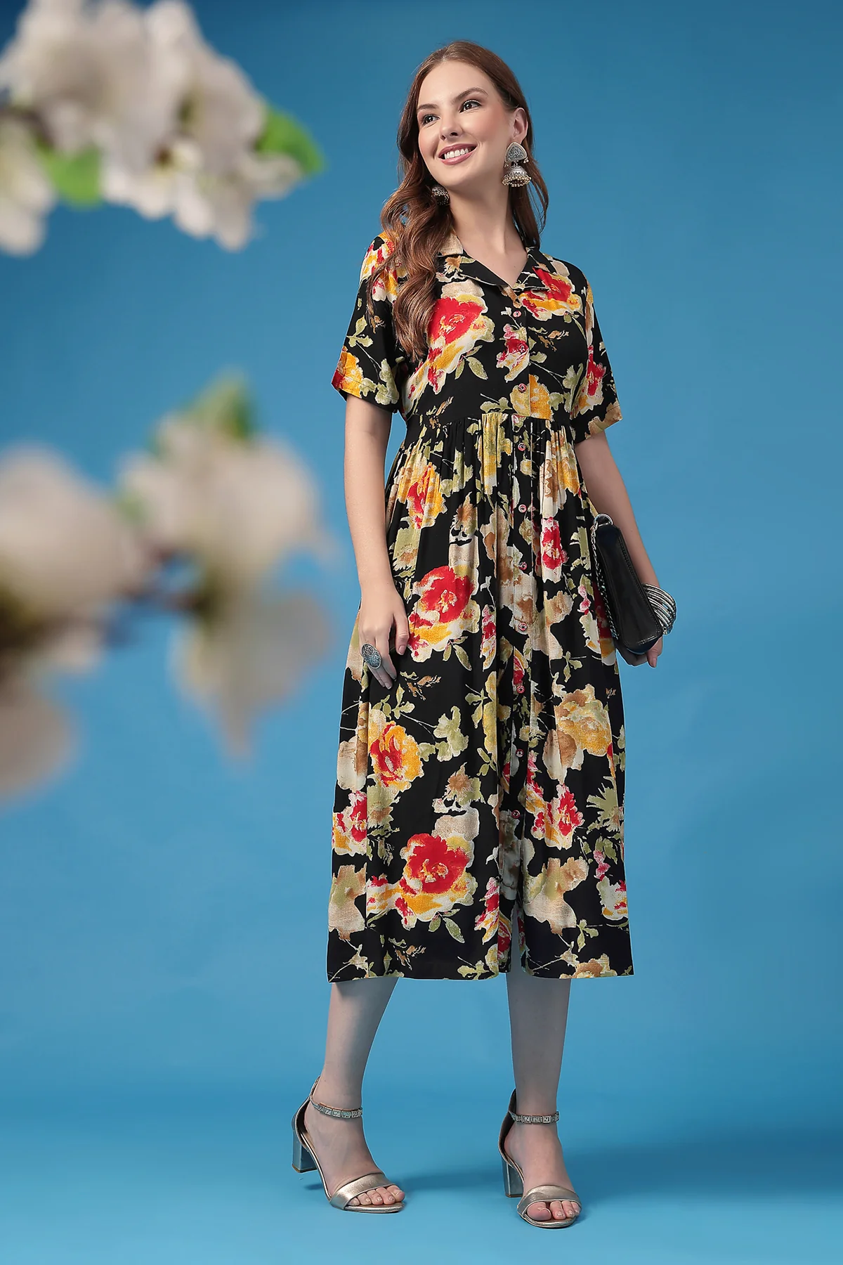 All Over Printed Zipless Feeding Shirt Dress - Black - Image 9