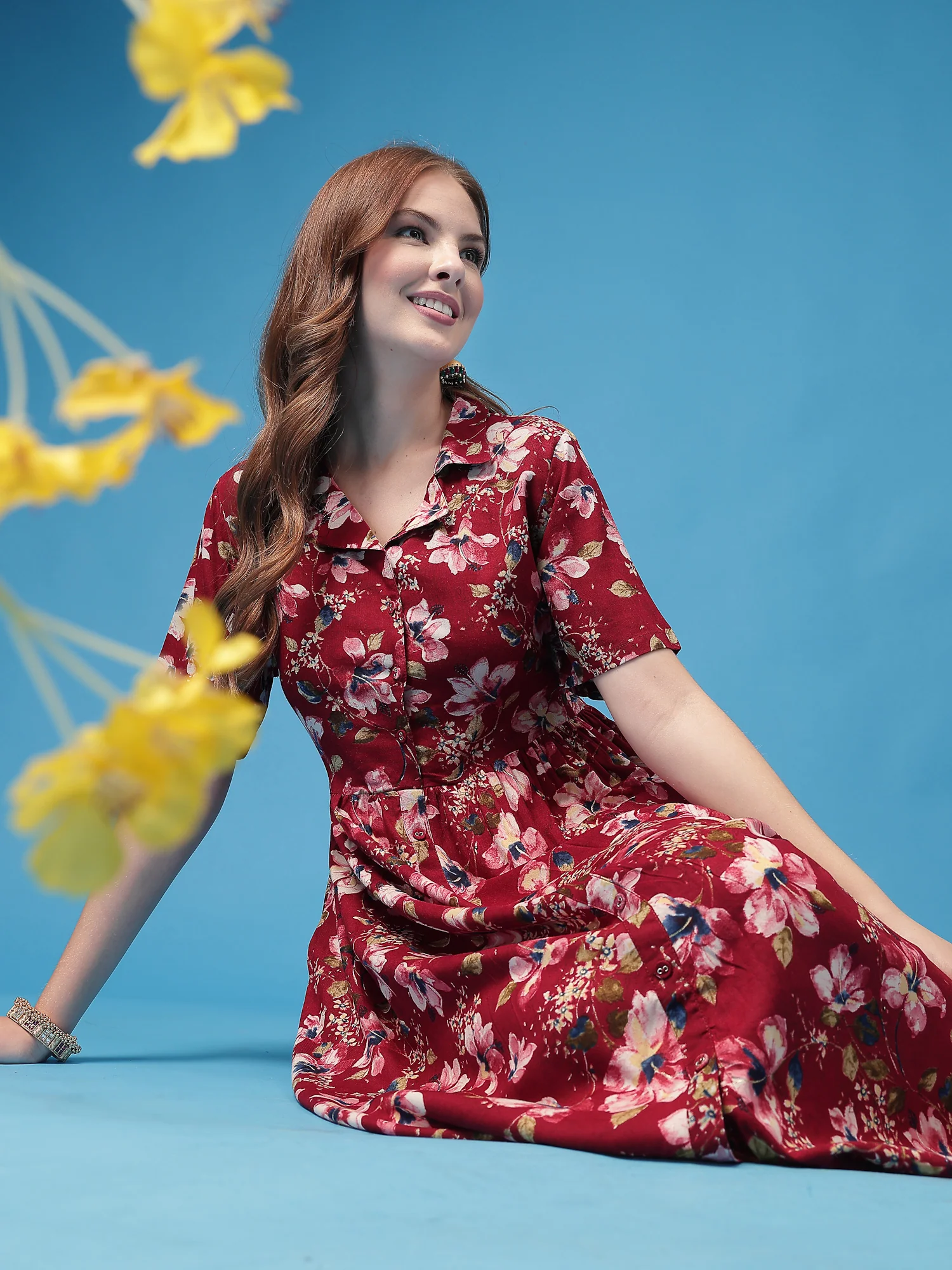 All Over Printed Zipless Feeding Shirt Dress - Dark Maroon - Image 10