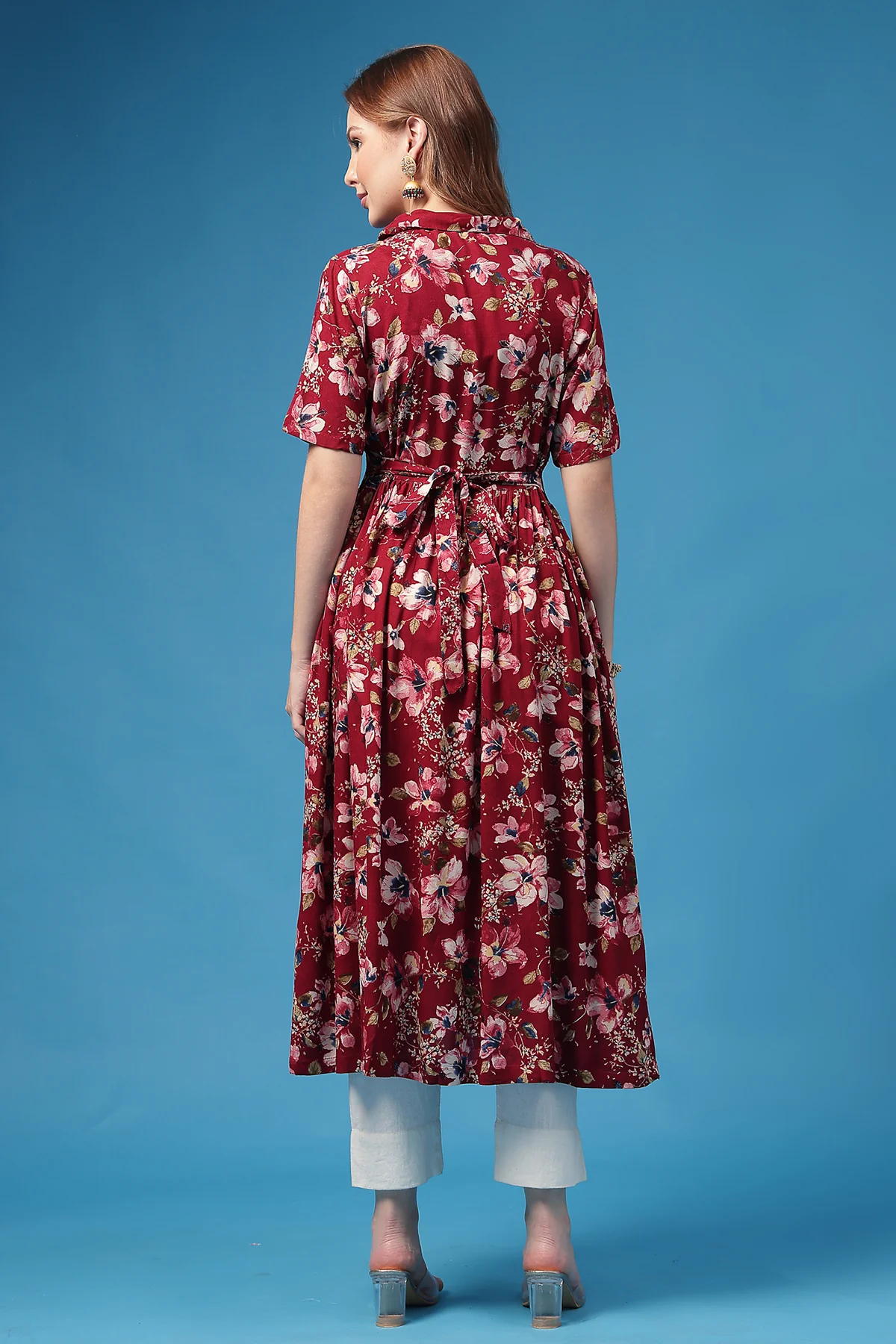 All Over Printed Zipless Feeding Shirt Dress - Dark Maroon - Image 3