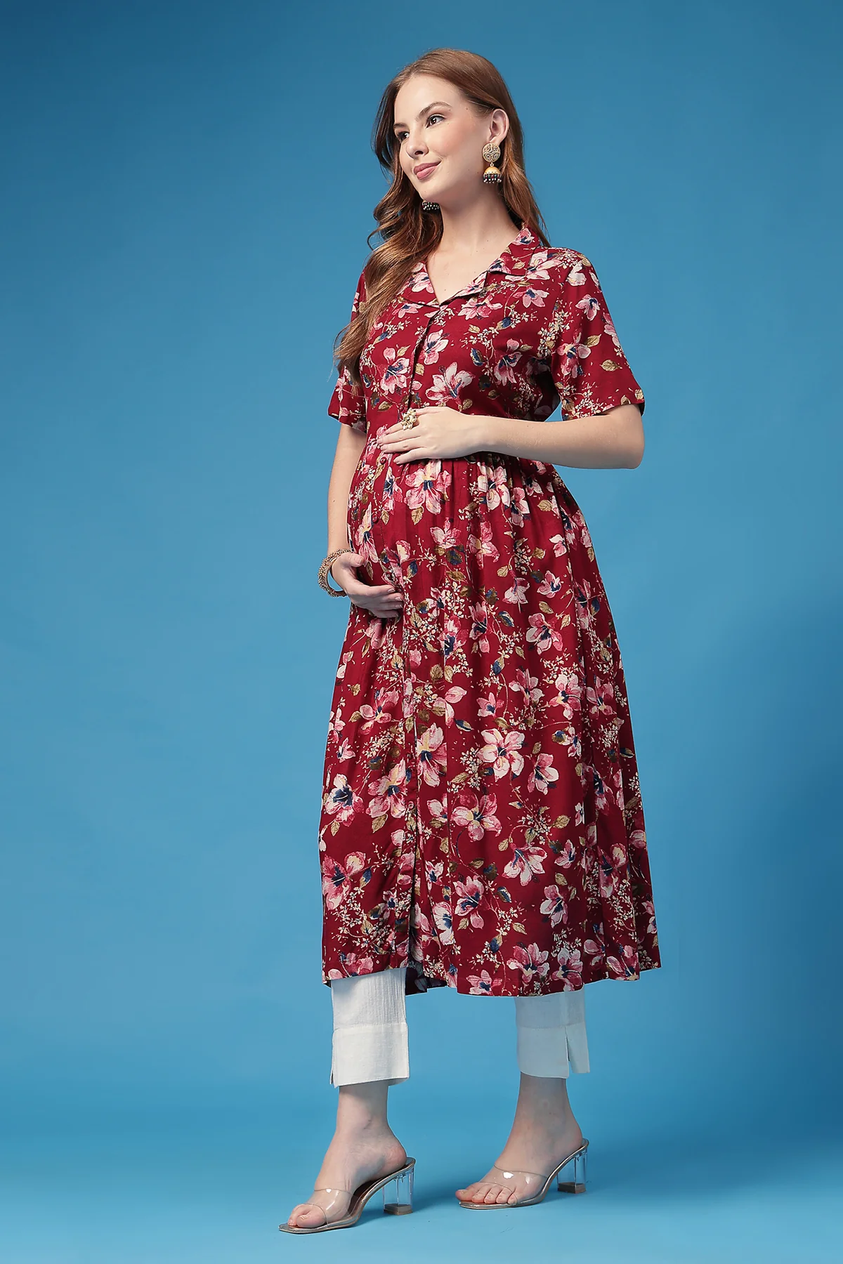 All Over Printed Zipless Feeding Shirt Dress - Dark Maroon - Image 4