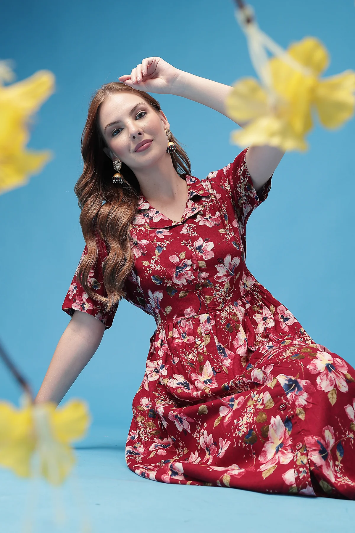 All Over Printed Zipless Feeding Shirt Dress - Dark Maroon - Image 5