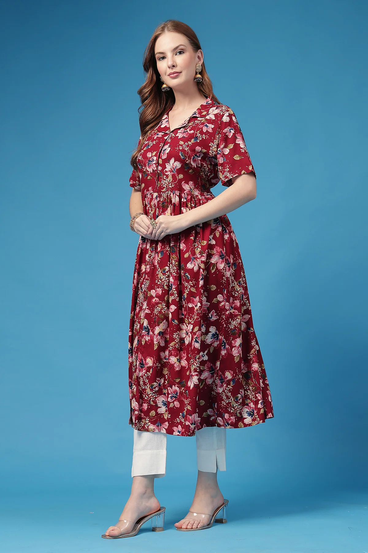 All Over Printed Zipless Feeding Shirt Dress - Dark Maroon - Image 6
