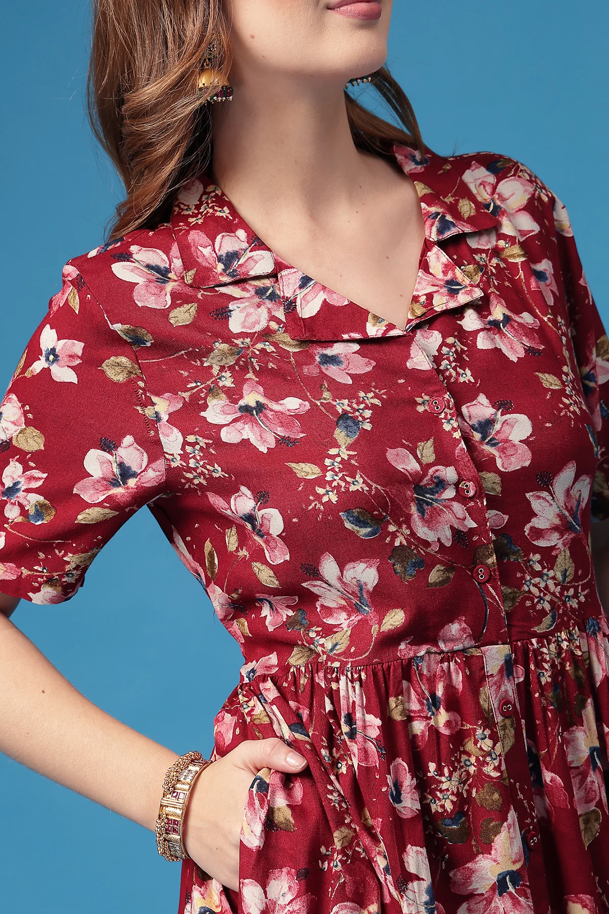 All Over Printed Zipless Feeding Shirt Dress - Dark Maroon - Image 7