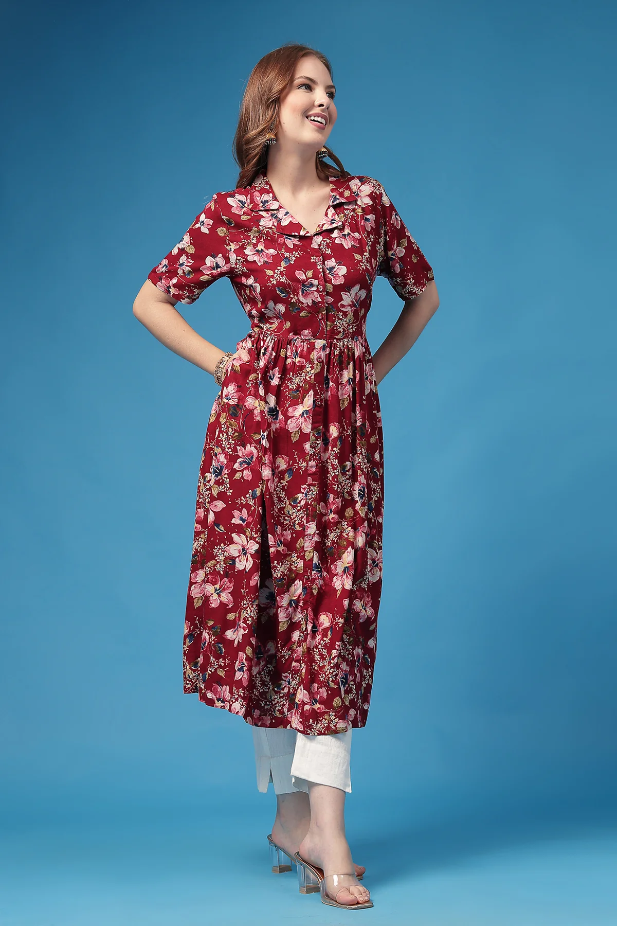 All Over Printed Zipless Feeding Shirt Dress - Dark Maroon - Image 8