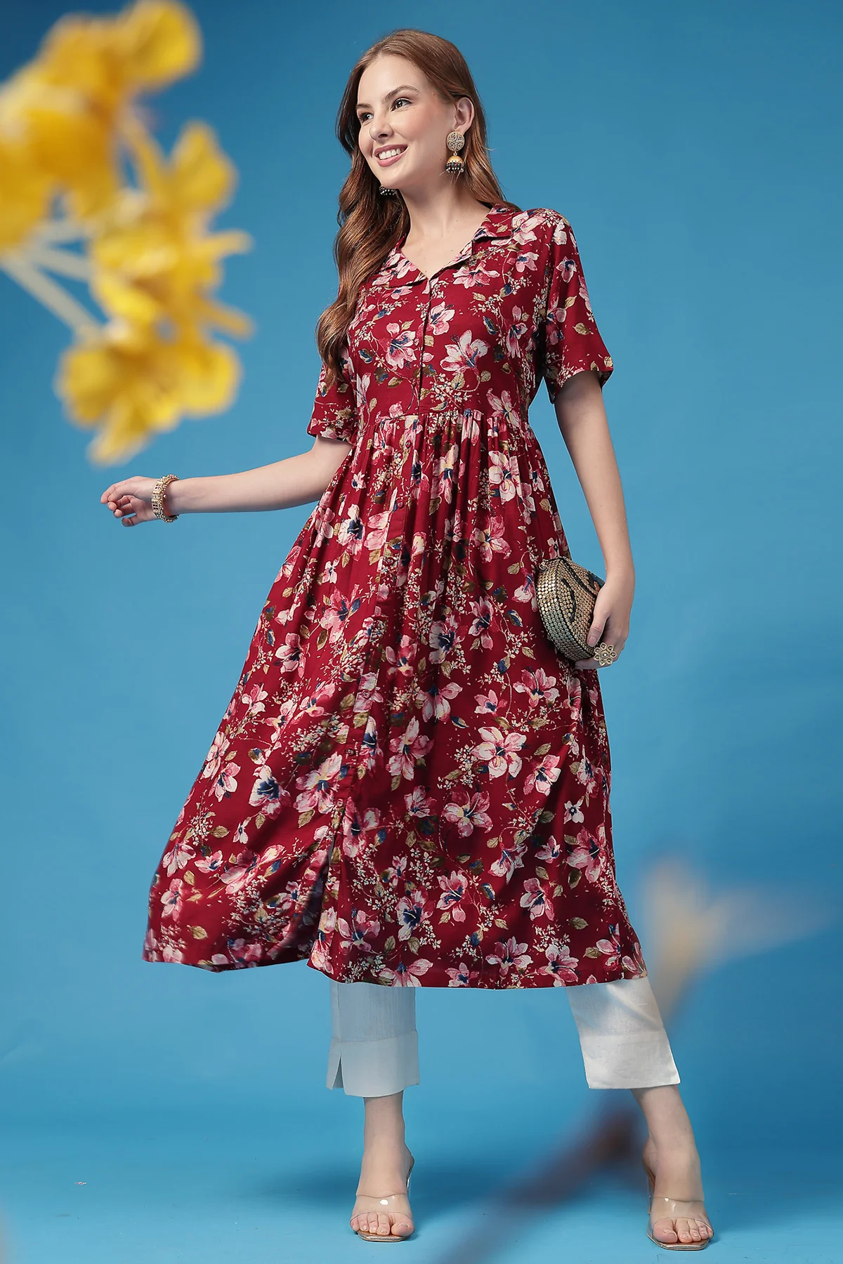All Over Printed Zipless Feeding Shirt Dress - Dark Maroon - Image 9