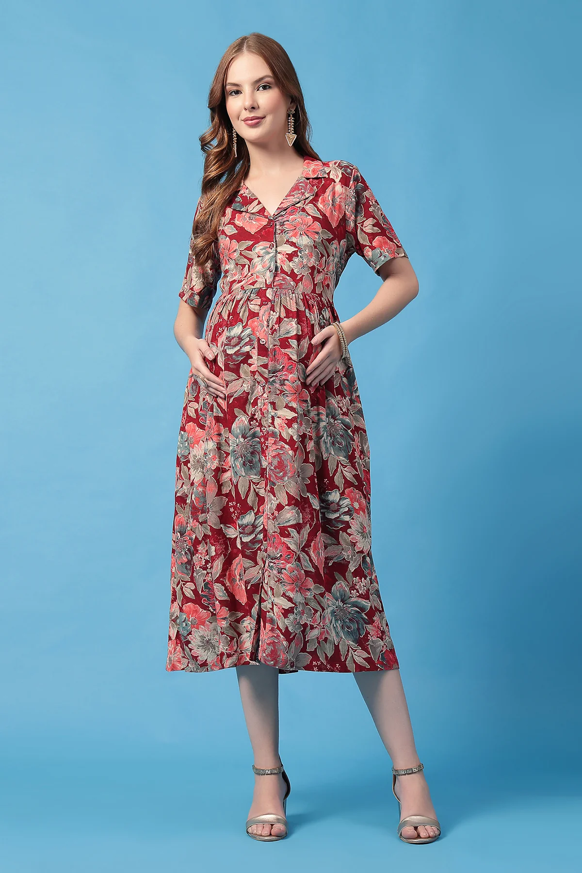 All Over Printed Zipless Feeding Shirt Dress - Multi - Image 4