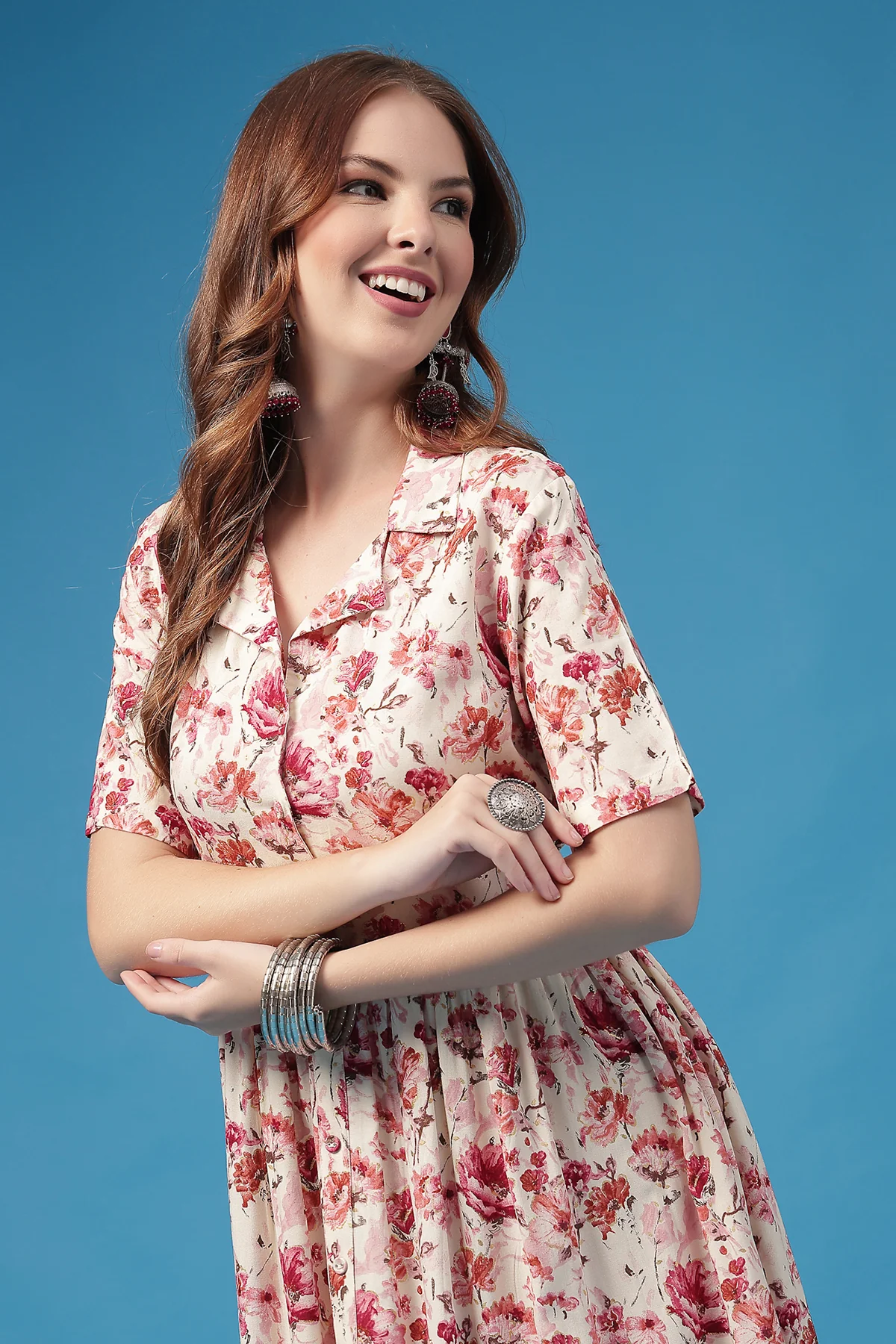 All Over Printed Zipless Feeding Shirt Dress - Off White - Image 11