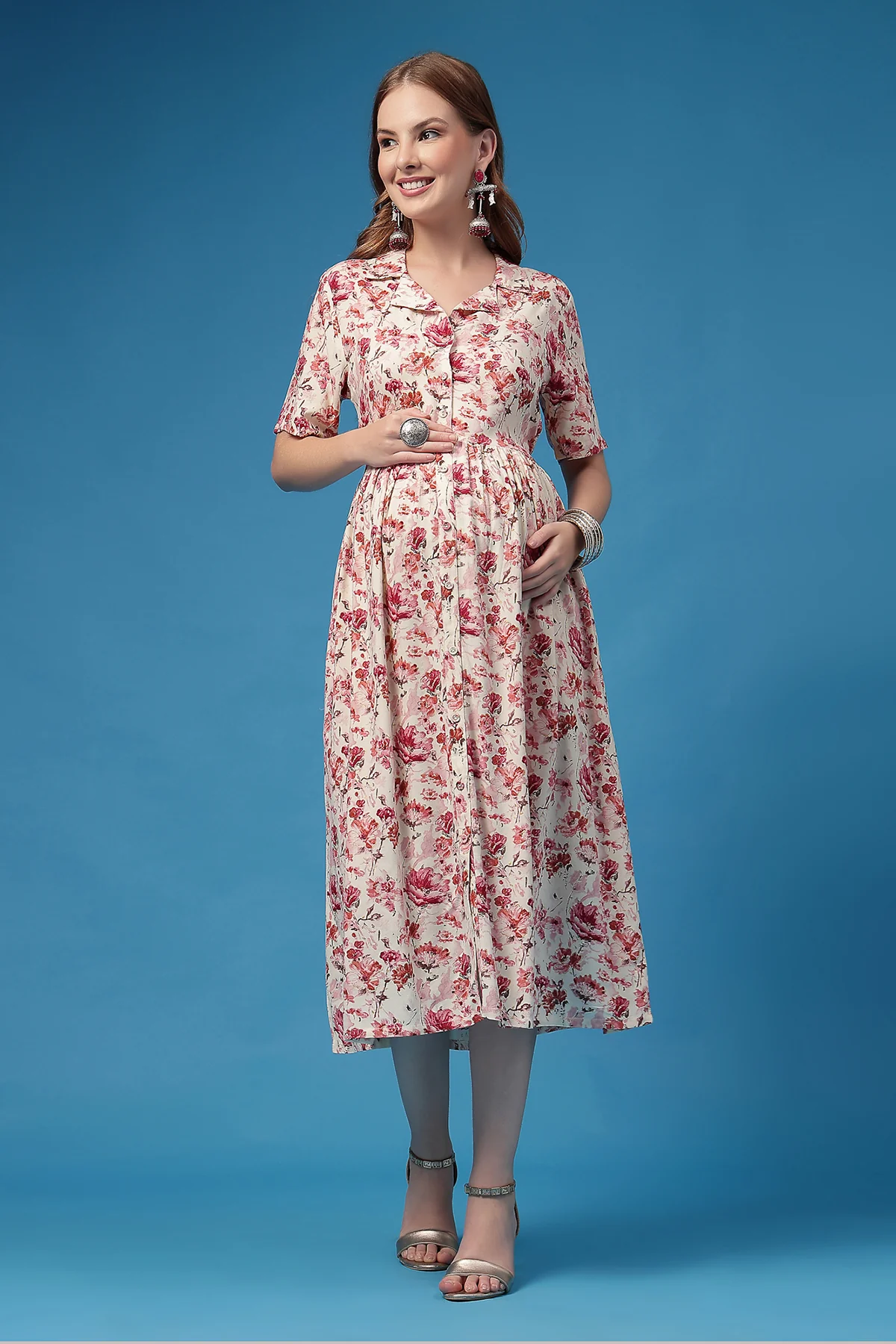 All Over Printed Zipless Feeding Shirt Dress - Off White - Image 4