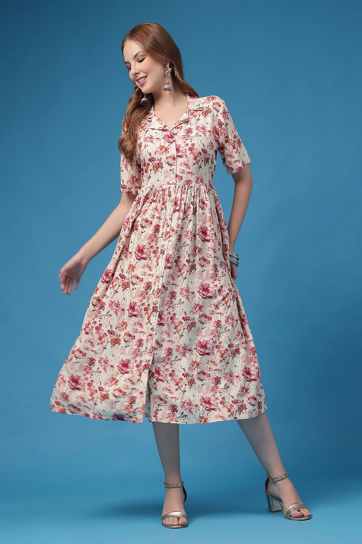 All Over Printed Zipless Feeding Shirt Dress - Off White - Image 5