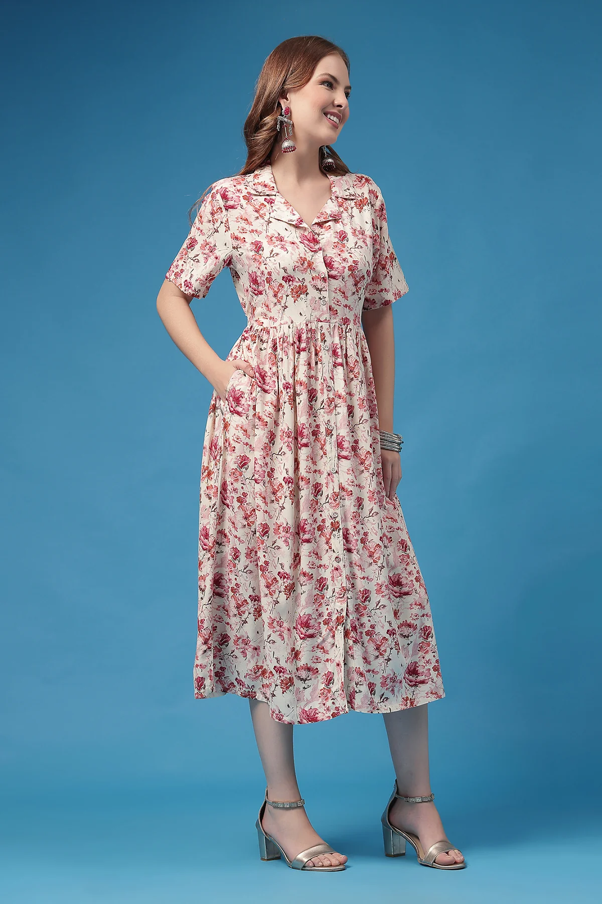 All Over Printed Zipless Feeding Shirt Dress - Off White - Image 7