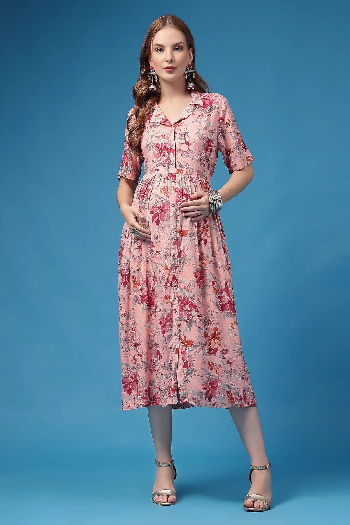 All Over Printed Zipless Feeding Shirt Dress - Pink - Image 4