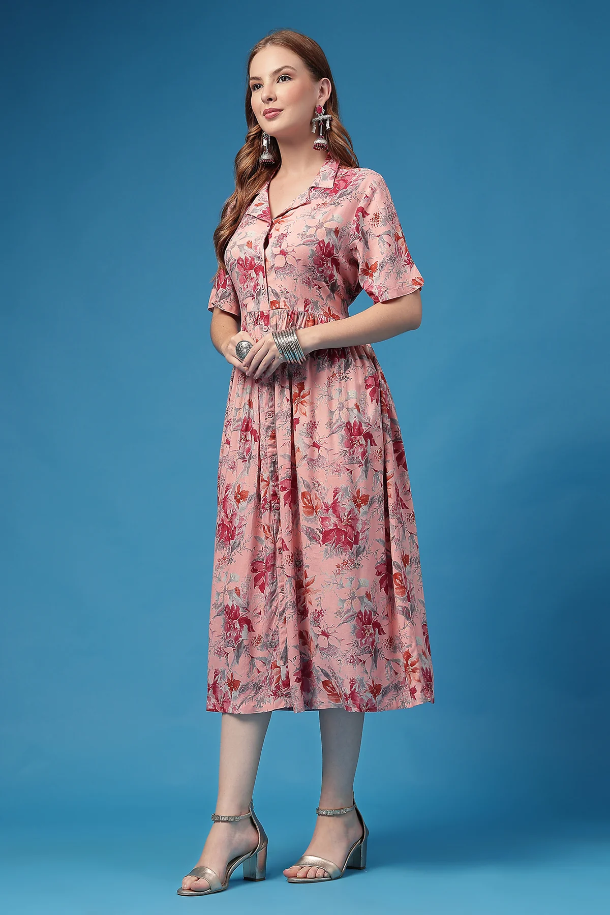 All Over Printed Zipless Feeding Shirt Dress - Pink - Image 6