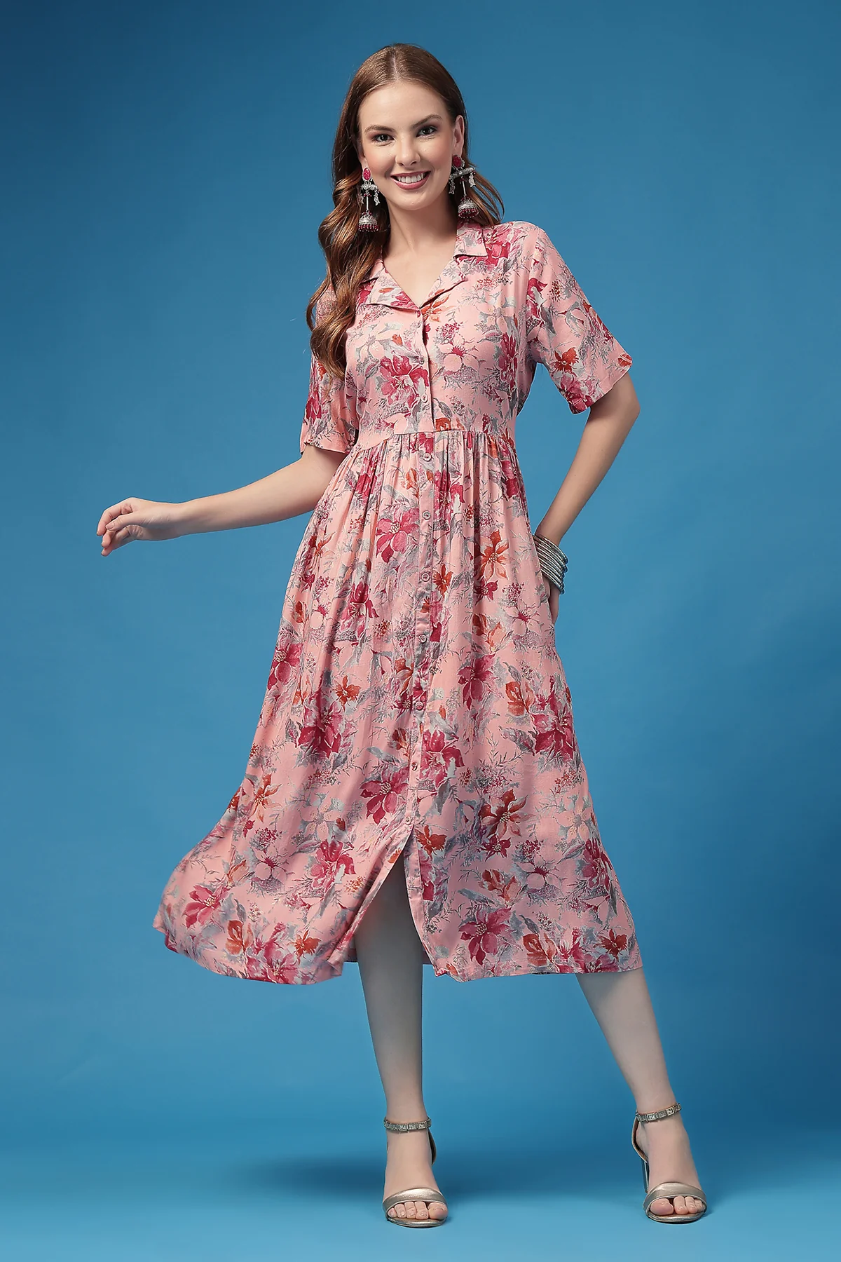 All Over Printed Zipless Feeding Shirt Dress - Pink - Image 8