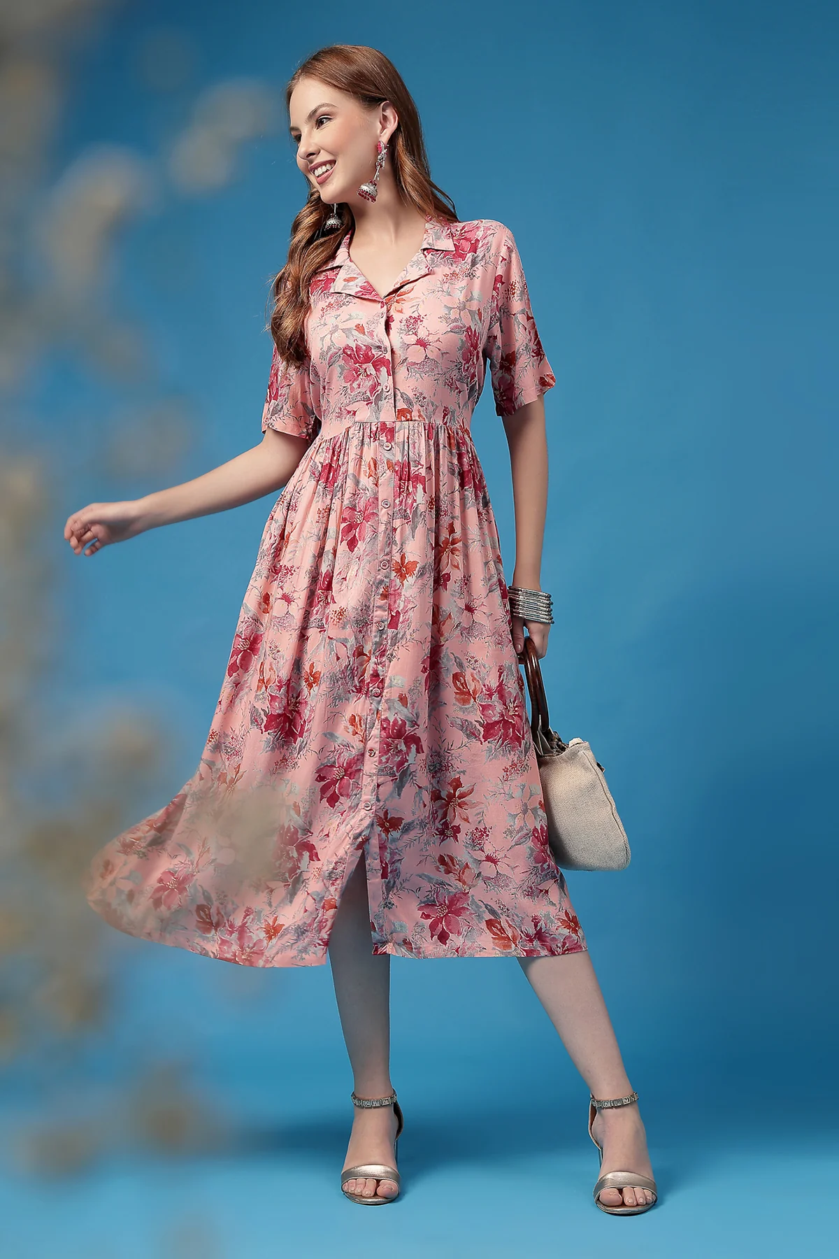 All Over Printed Zipless Feeding Shirt Dress - Pink - Image 9