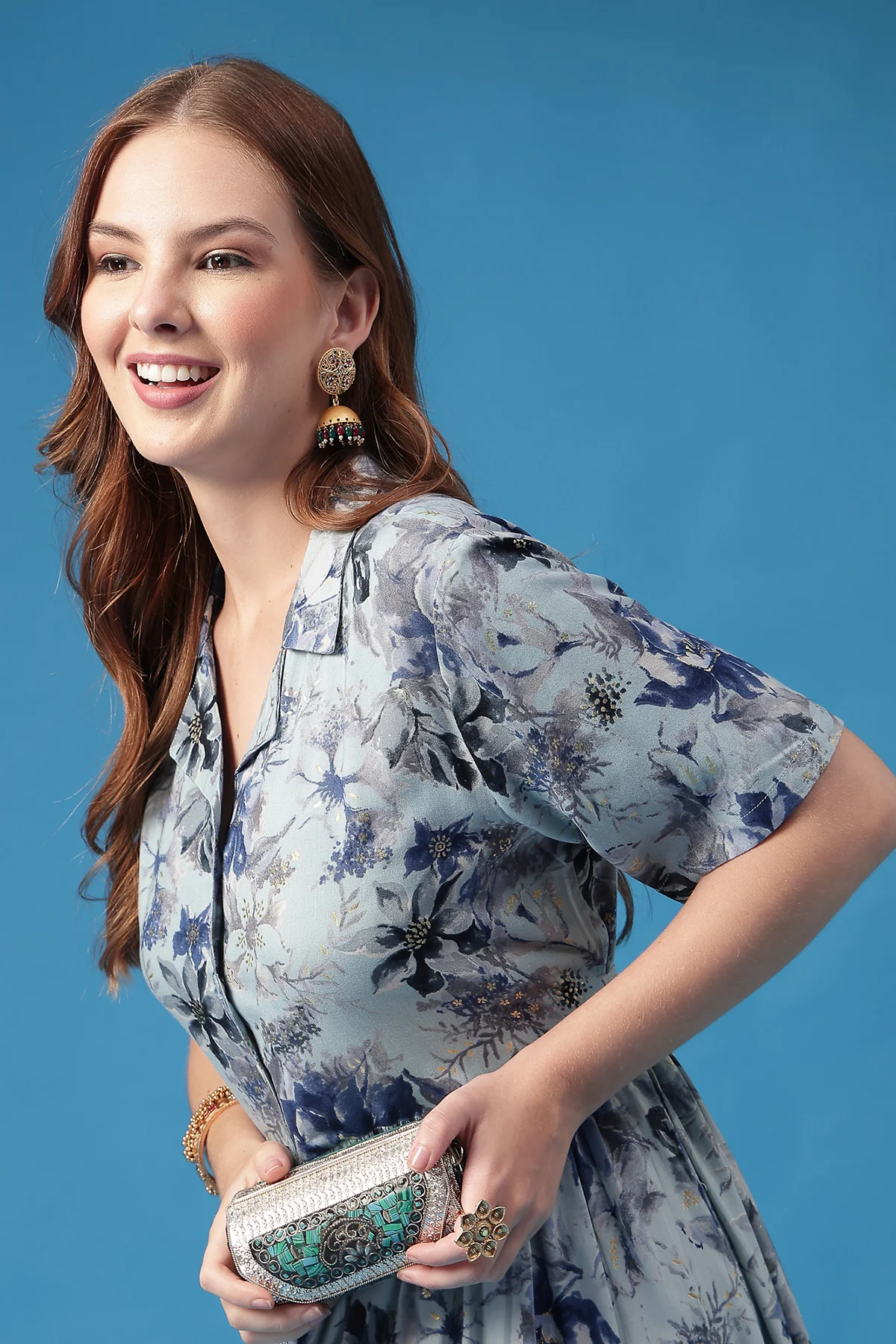 All Over Printed Zipless Feeding Shirt Dress - Sky Blue - Image 10