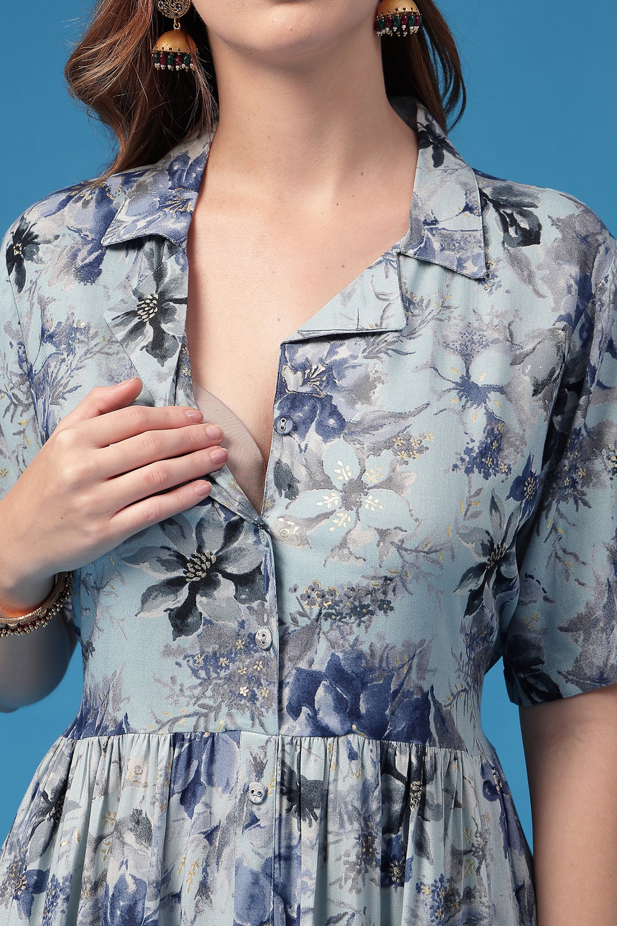 All Over Printed Zipless Feeding Shirt Dress - Sky Blue - Image 2