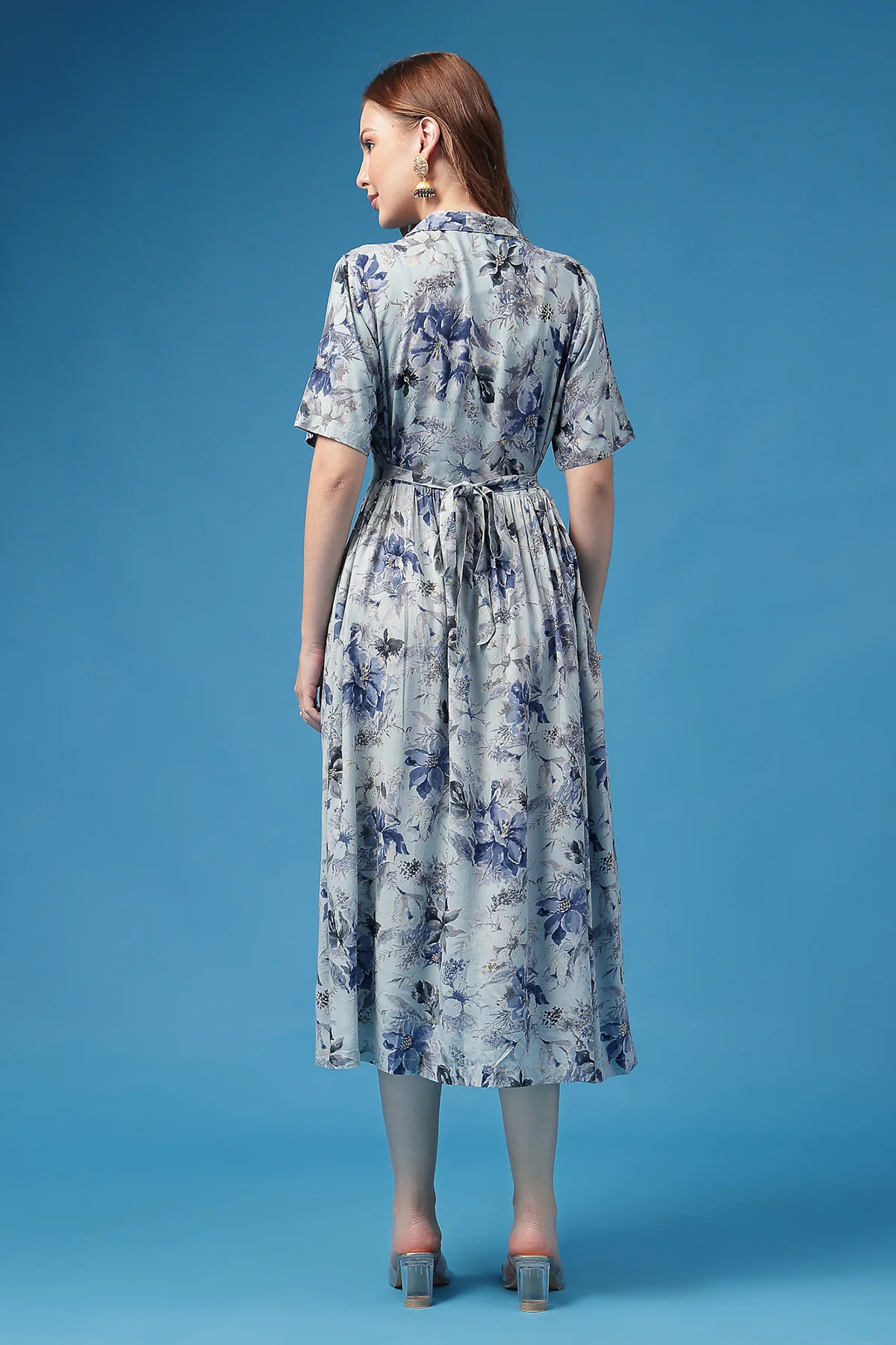 All Over Printed Zipless Feeding Shirt Dress - Sky Blue - Image 3