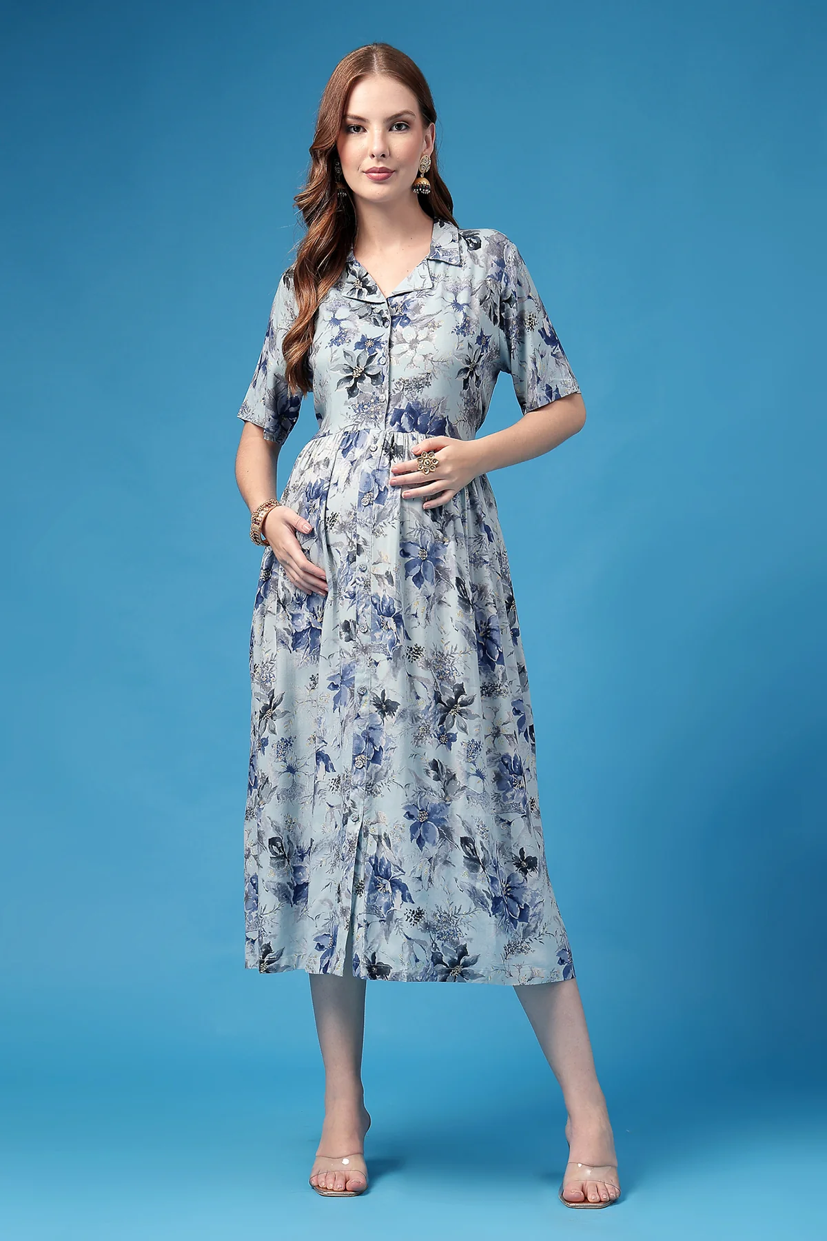 All Over Printed Zipless Feeding Shirt Dress - Sky Blue - Image 4