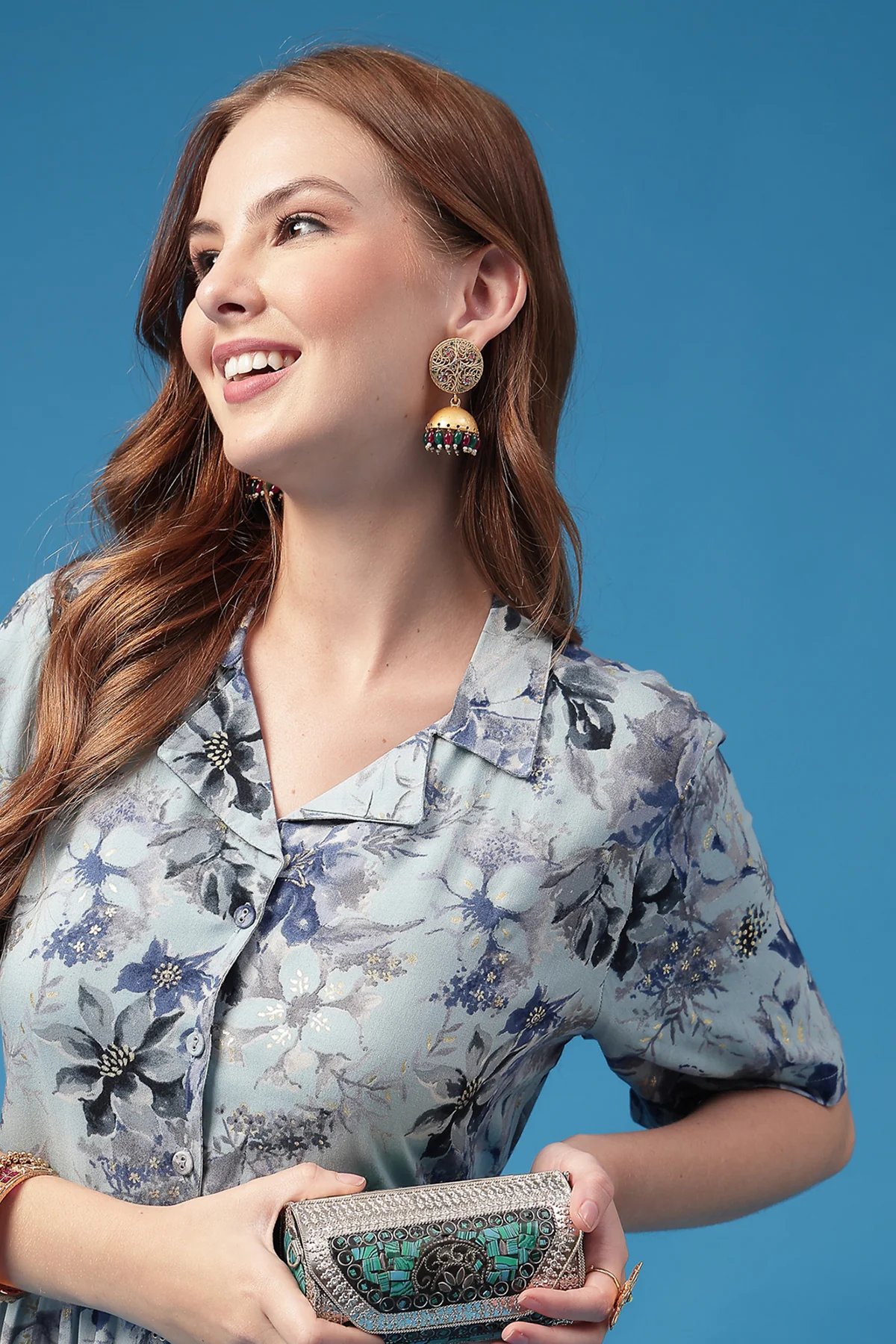 All Over Printed Zipless Feeding Shirt Dress - Sky Blue - Image 5
