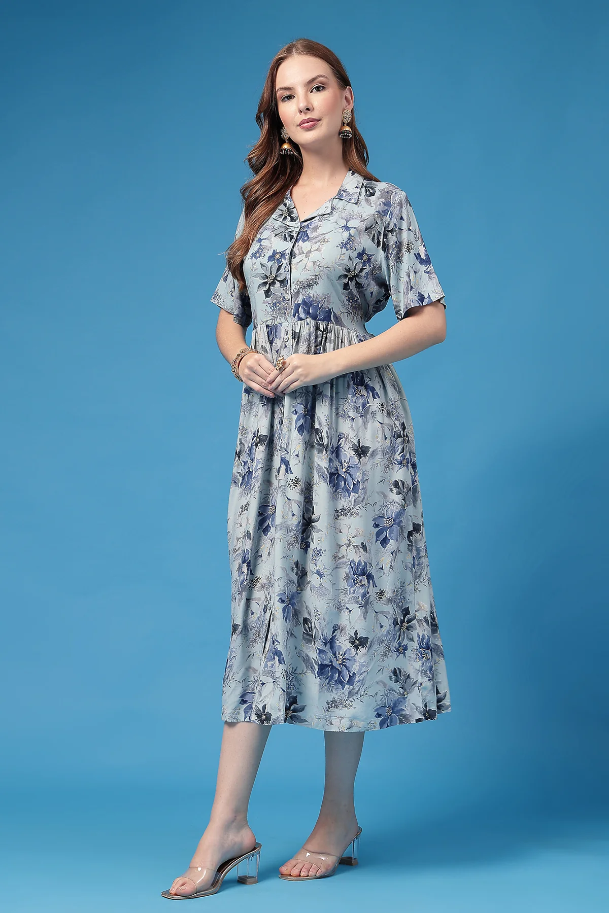 All Over Printed Zipless Feeding Shirt Dress - Sky Blue - Image 6