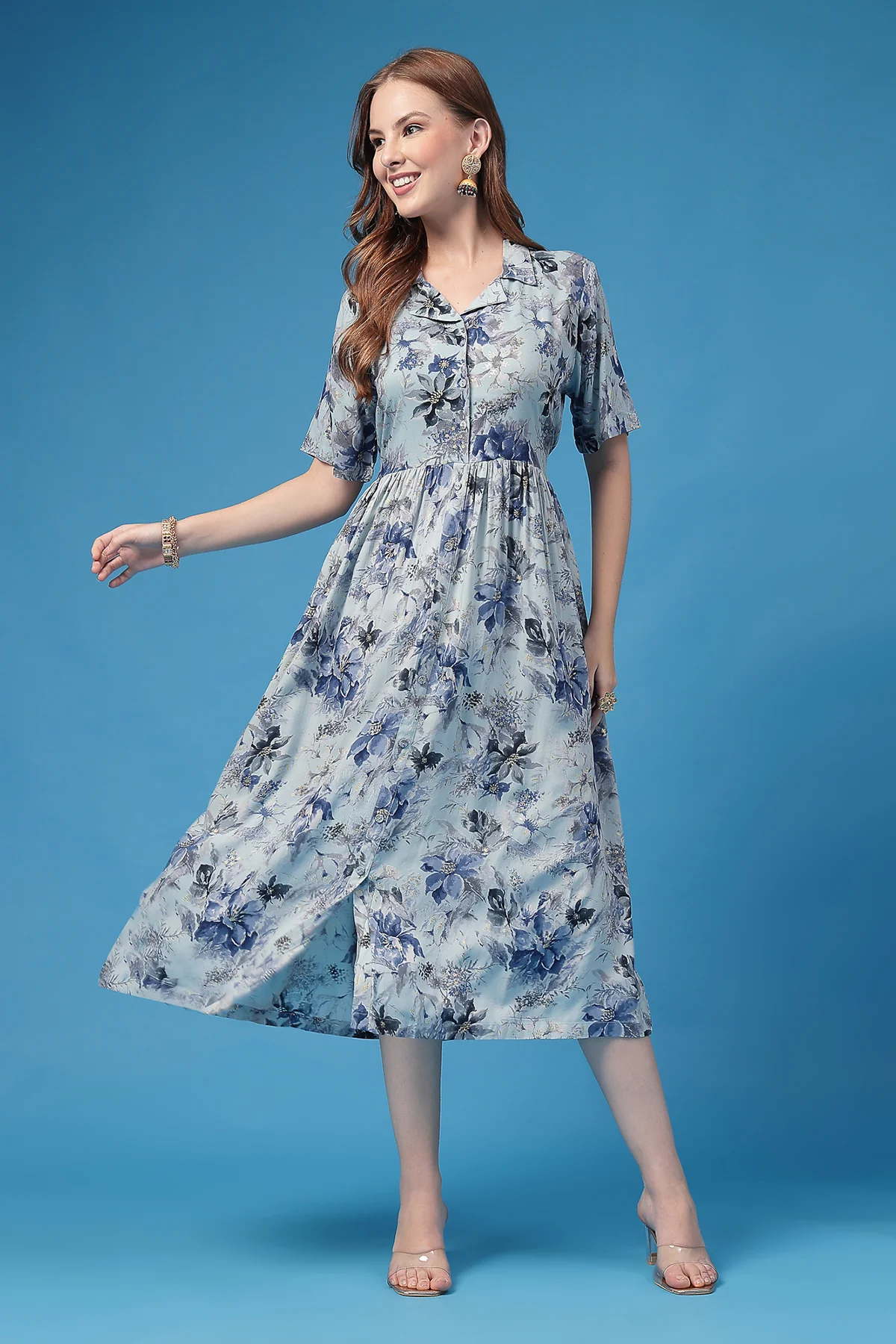 All Over Printed Zipless Feeding Shirt Dress - Sky Blue - Image 7