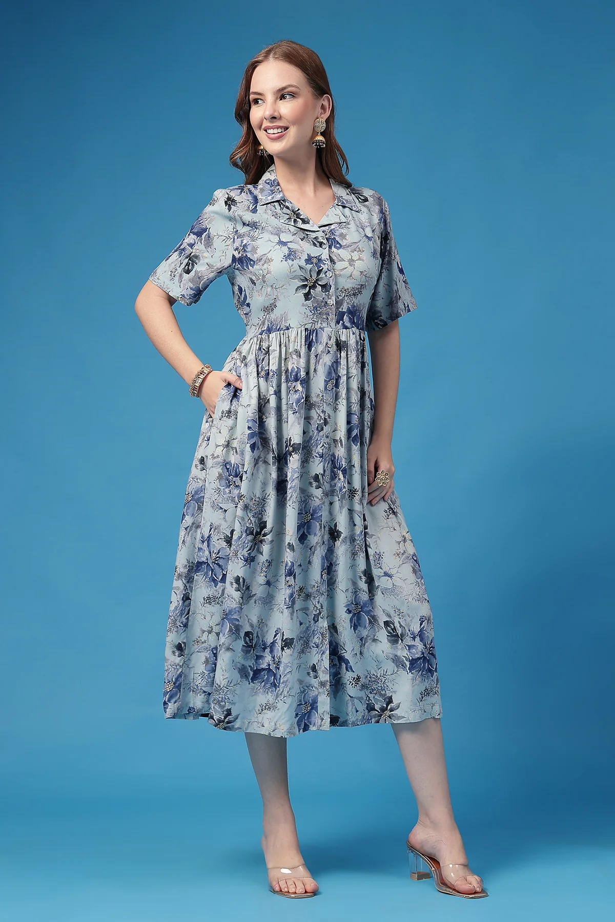 All Over Printed Zipless Feeding Shirt Dress - Sky Blue - Image 9