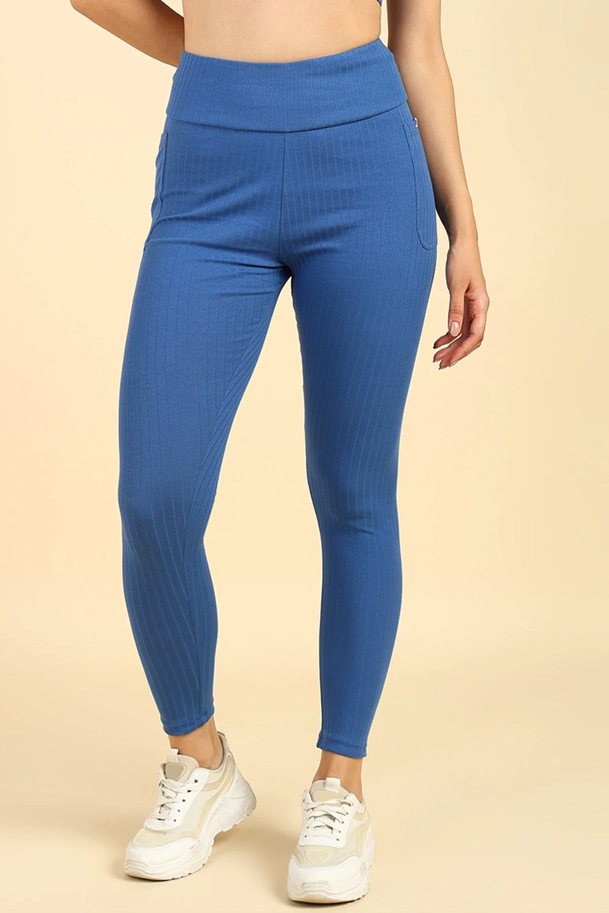 All Over Ribbed Cotton Blue Mom Legging - Image 9