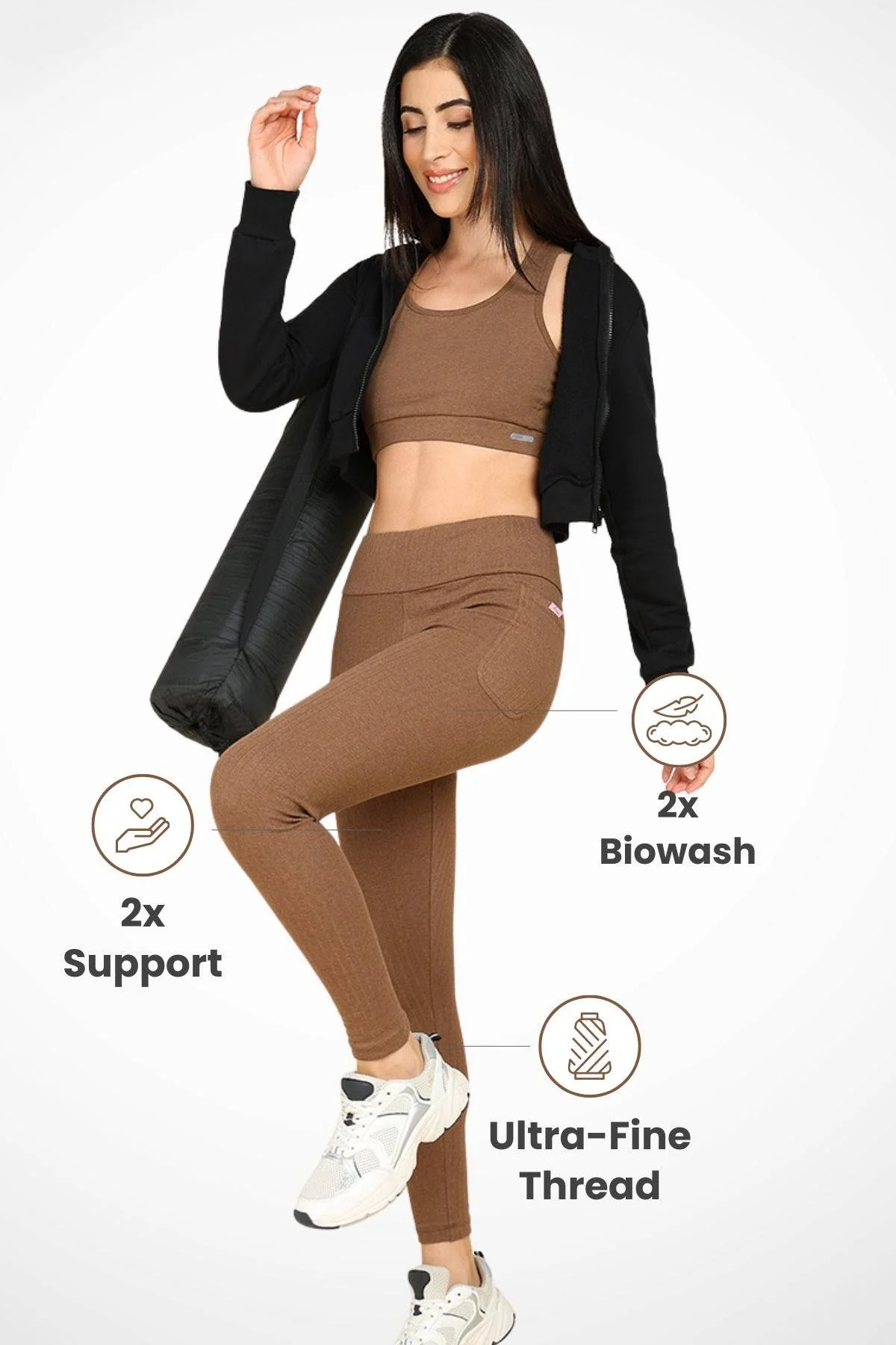All Over Ribbed Cotton Melange Brown Mom Legging - Image 2