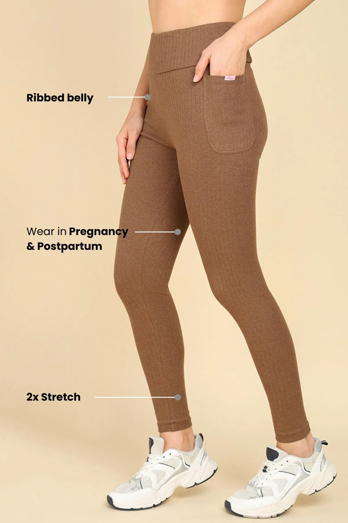 All Over Ribbed Cotton Melange Brown Mom Legging - Image 3