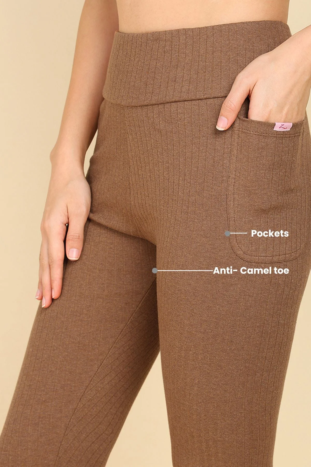 All Over Ribbed Cotton Melange Brown Mom Legging - Image 4